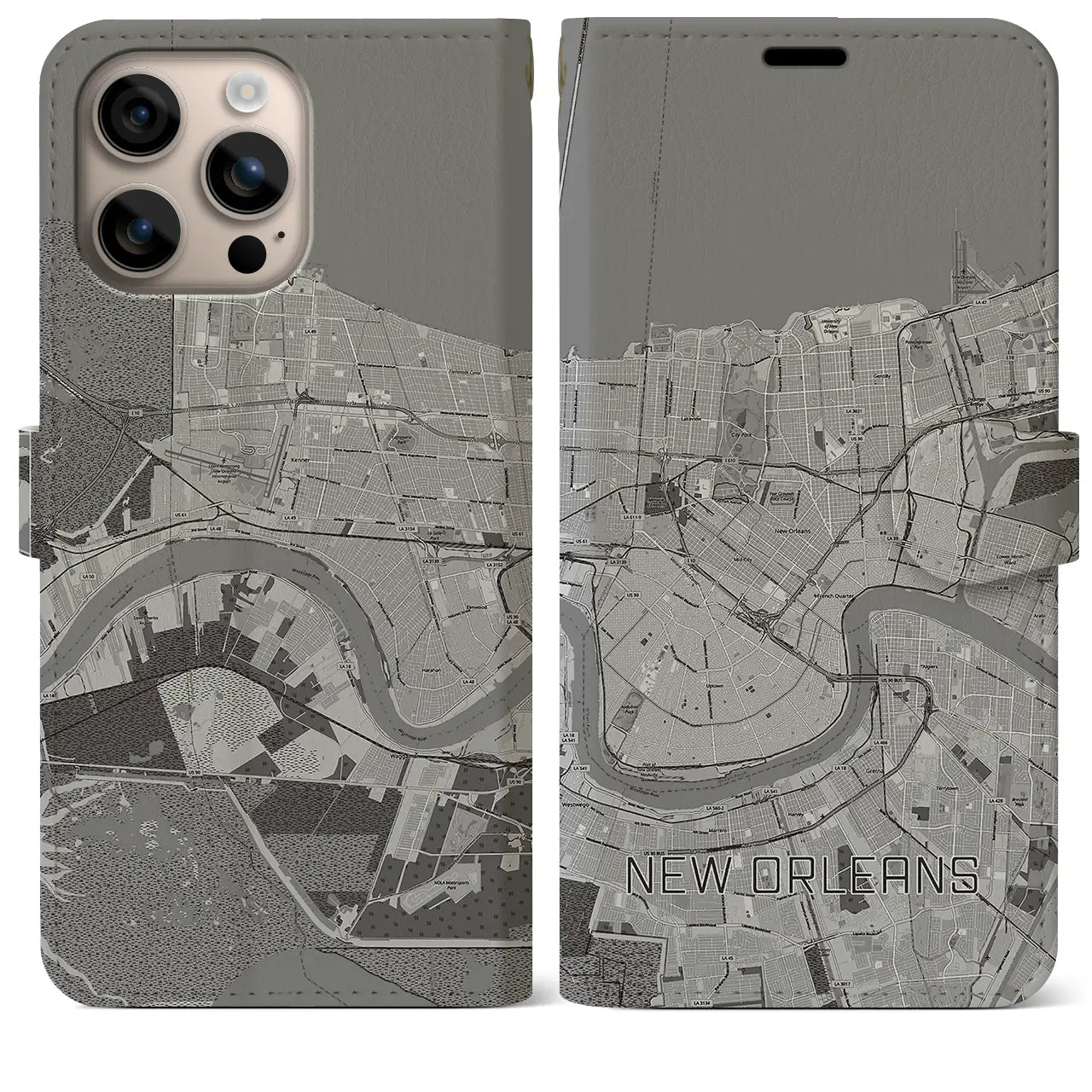 【ニューオーリンズ(アメリカ)】地図柄iPhoneケース(手帳タイプ)モノトーン・iPhone 16 Plus 用