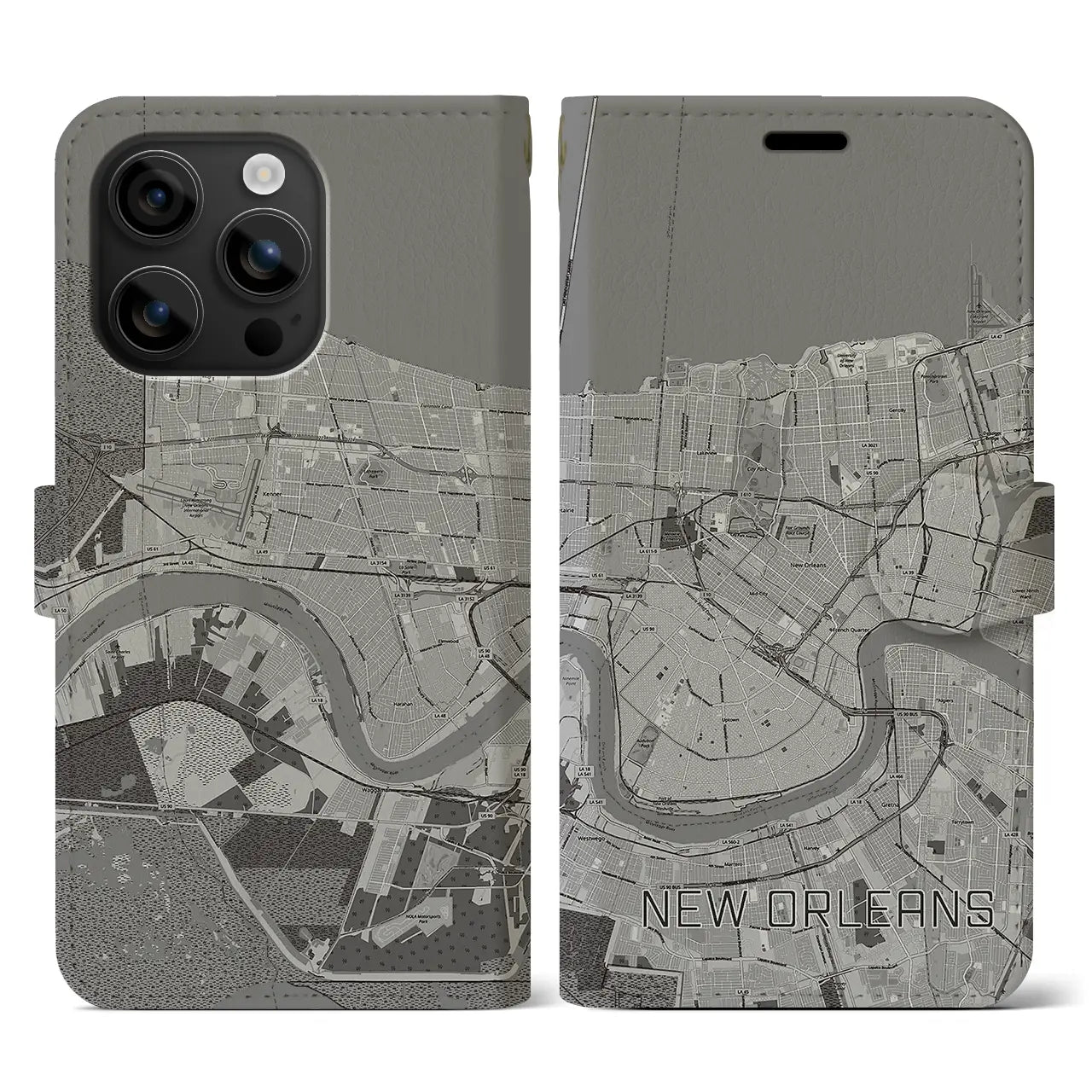 【ニューオーリンズ(アメリカ)】地図柄iPhoneケース(手帳タイプ)モノトーン・iPhone 16 用