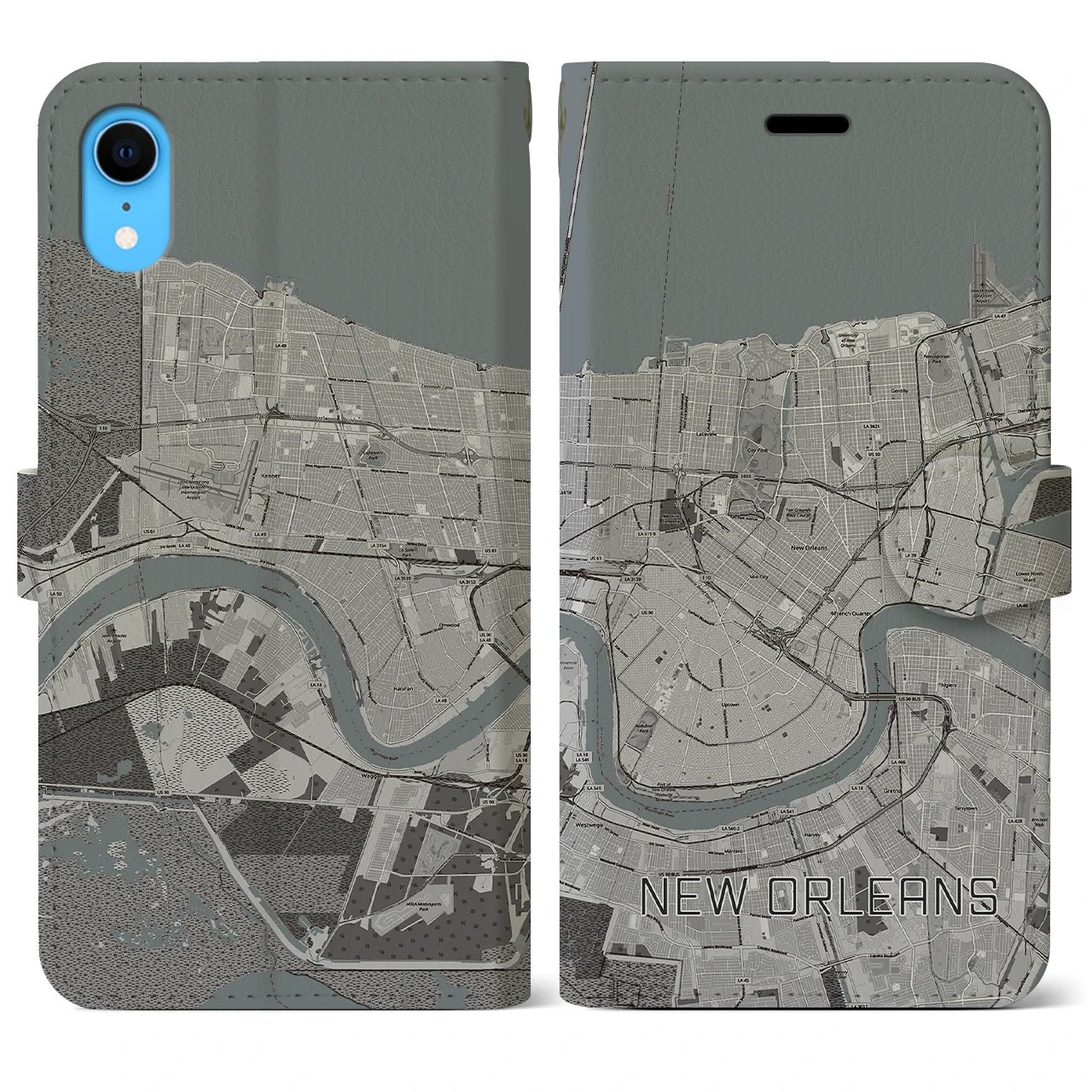 【ニューオーリンズ(アメリカ)】地図柄iPhoneケース(手帳タイプ)モノトーン・iPhone XR 用