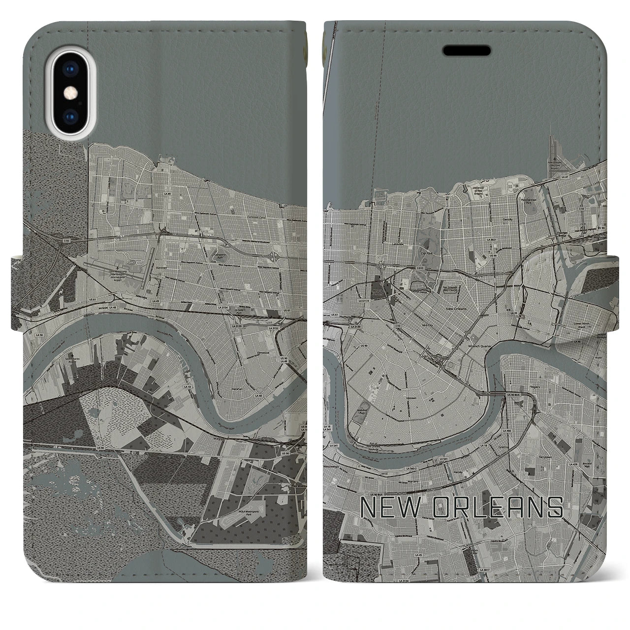 【ニューオーリンズ(アメリカ)】地図柄iPhoneケース(手帳タイプ)モノトーン・iPhone XS Max 用