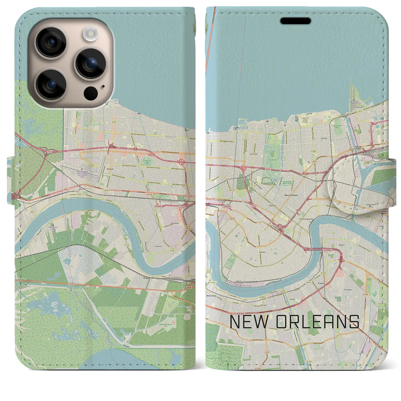 【ニューオーリンズ(アメリカ)】地図柄iPhoneケース(手帳タイプ)ナチュラル・iPhone 16 Plus 用