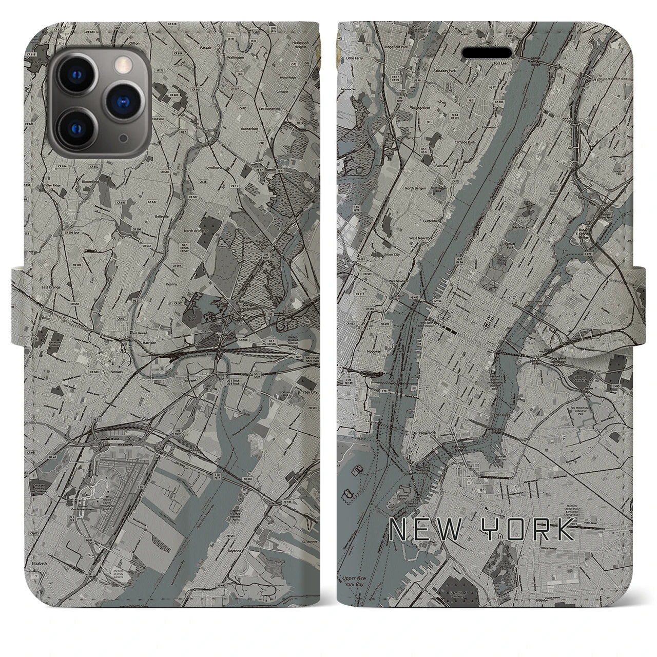 【ニューヨーク(アメリカ)】地図柄iPhoneケース(手帳タイプ)モノトーン・iPhone 11 Pro Max 用