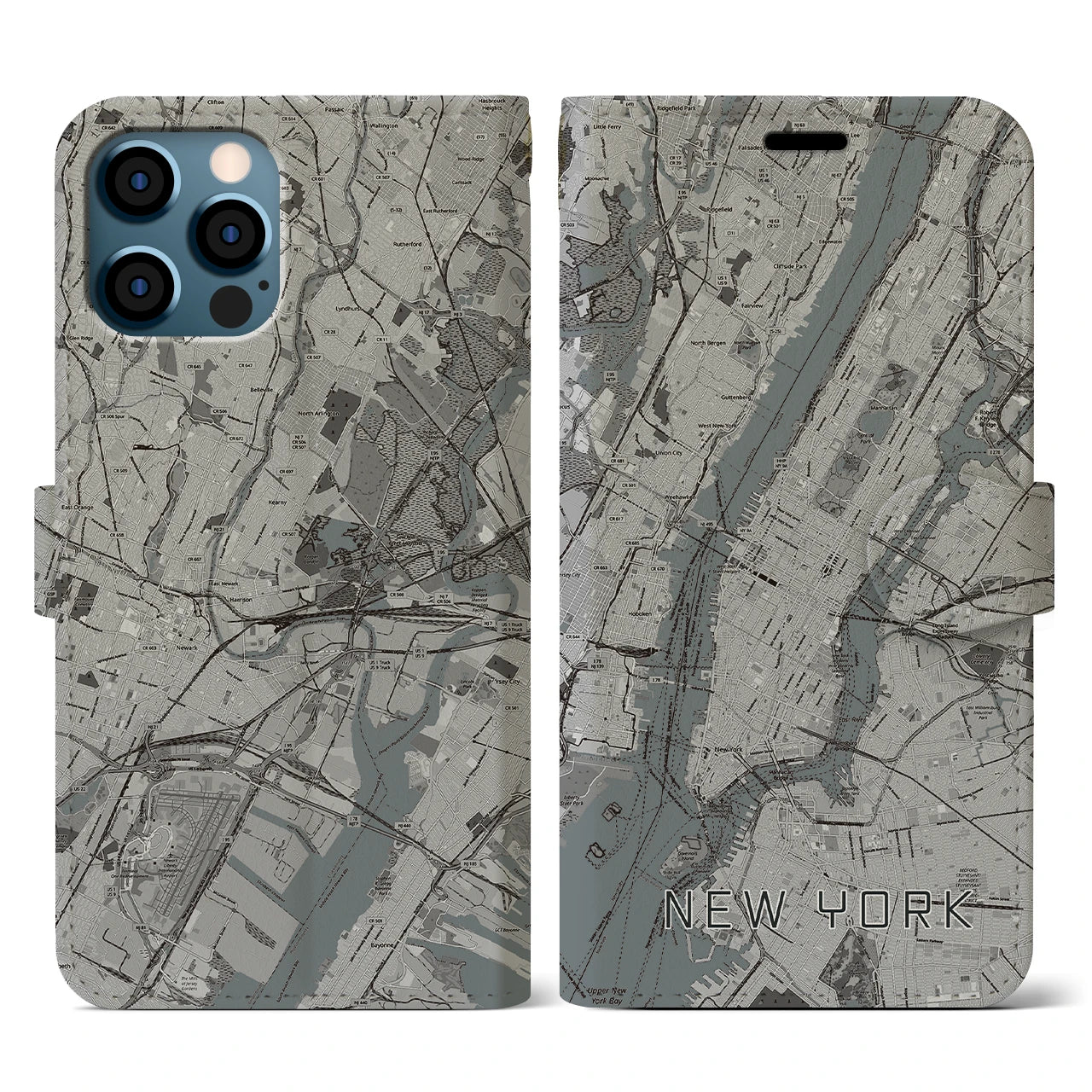 【ニューヨーク(アメリカ)】地図柄iPhoneケース(手帳タイプ)モノトーン・iPhone 12 / 12 Pro 用