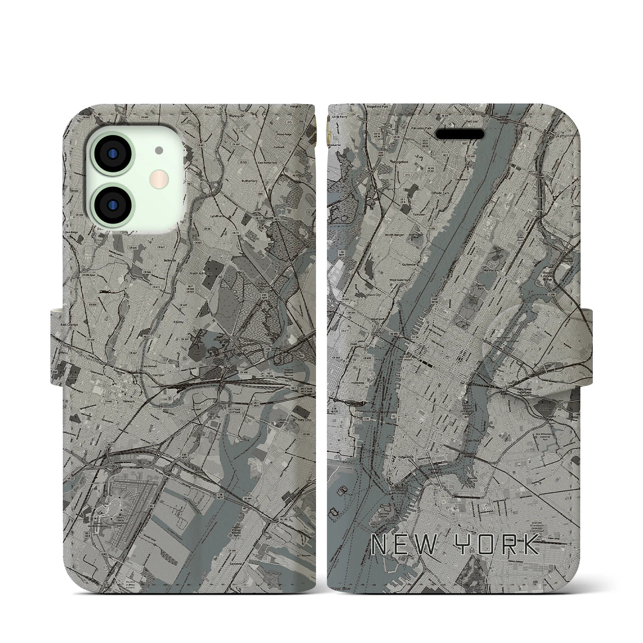 【ニューヨーク(アメリカ)】地図柄iPhoneケース(手帳タイプ)モノトーン・iPhone 12 mini 用