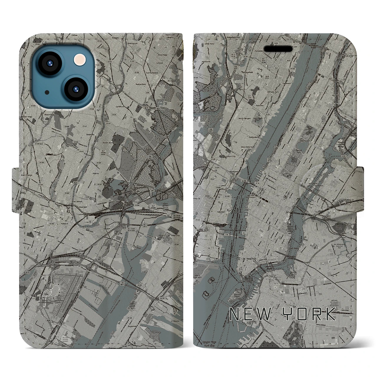 【ニューヨーク(アメリカ)】地図柄iPhoneケース(手帳タイプ)モノトーン・iPhone 13 用