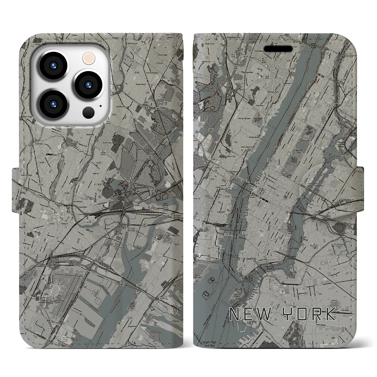 【ニューヨーク(アメリカ)】地図柄iPhoneケース(手帳タイプ)モノトーン・iPhone 13 Pro 用