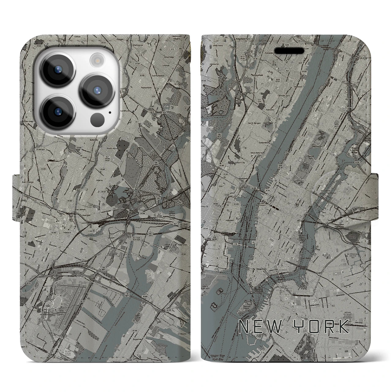【ニューヨーク(アメリカ)】地図柄iPhoneケース(手帳タイプ)モノトーン・iPhone 14 Pro 用