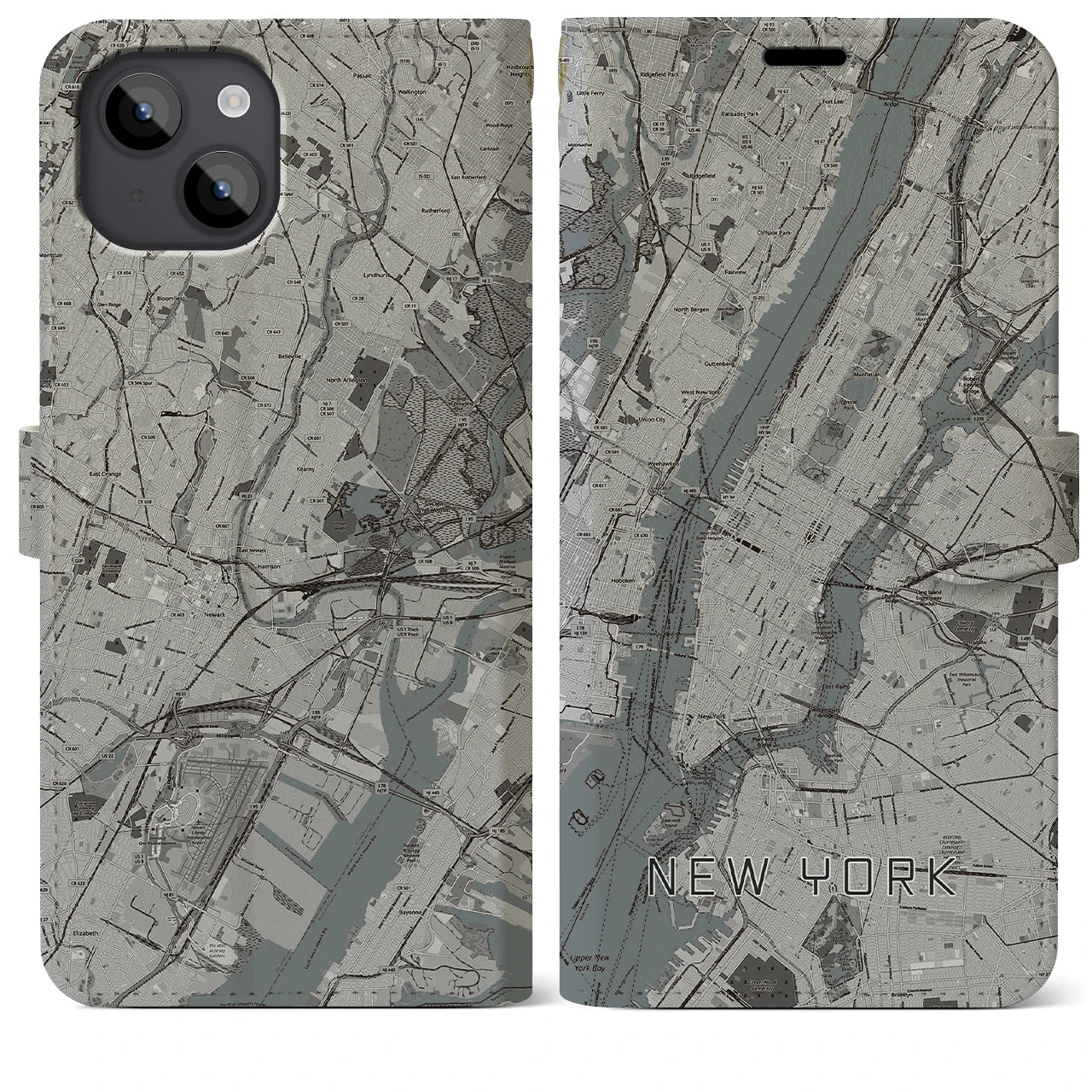 【ニューヨーク(アメリカ)】地図柄iPhoneケース(手帳タイプ)モノトーン・iPhone 14 Plus 用