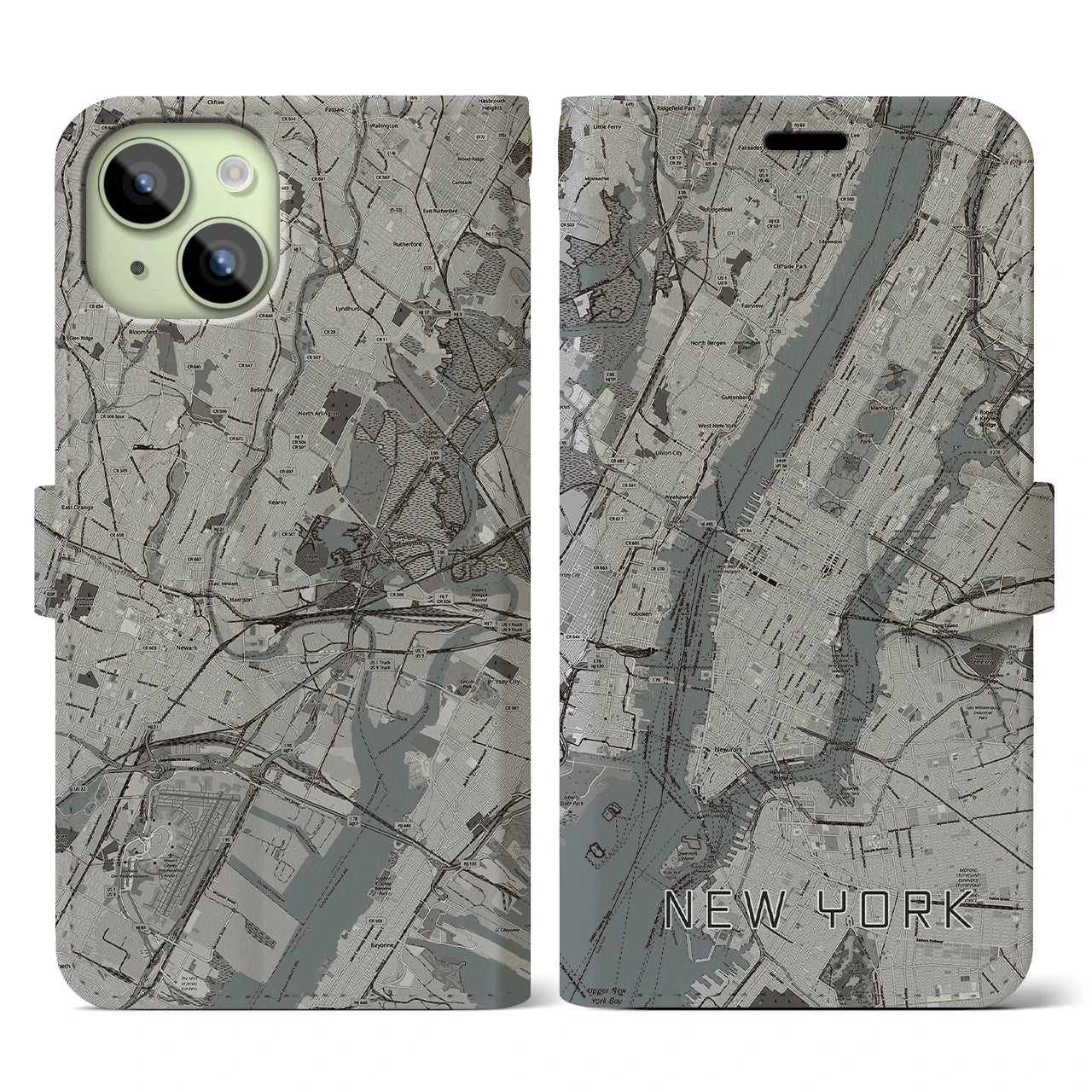 【ニューヨーク(アメリカ)】地図柄iPhoneケース(手帳タイプ)モノトーン・iPhone 15 用