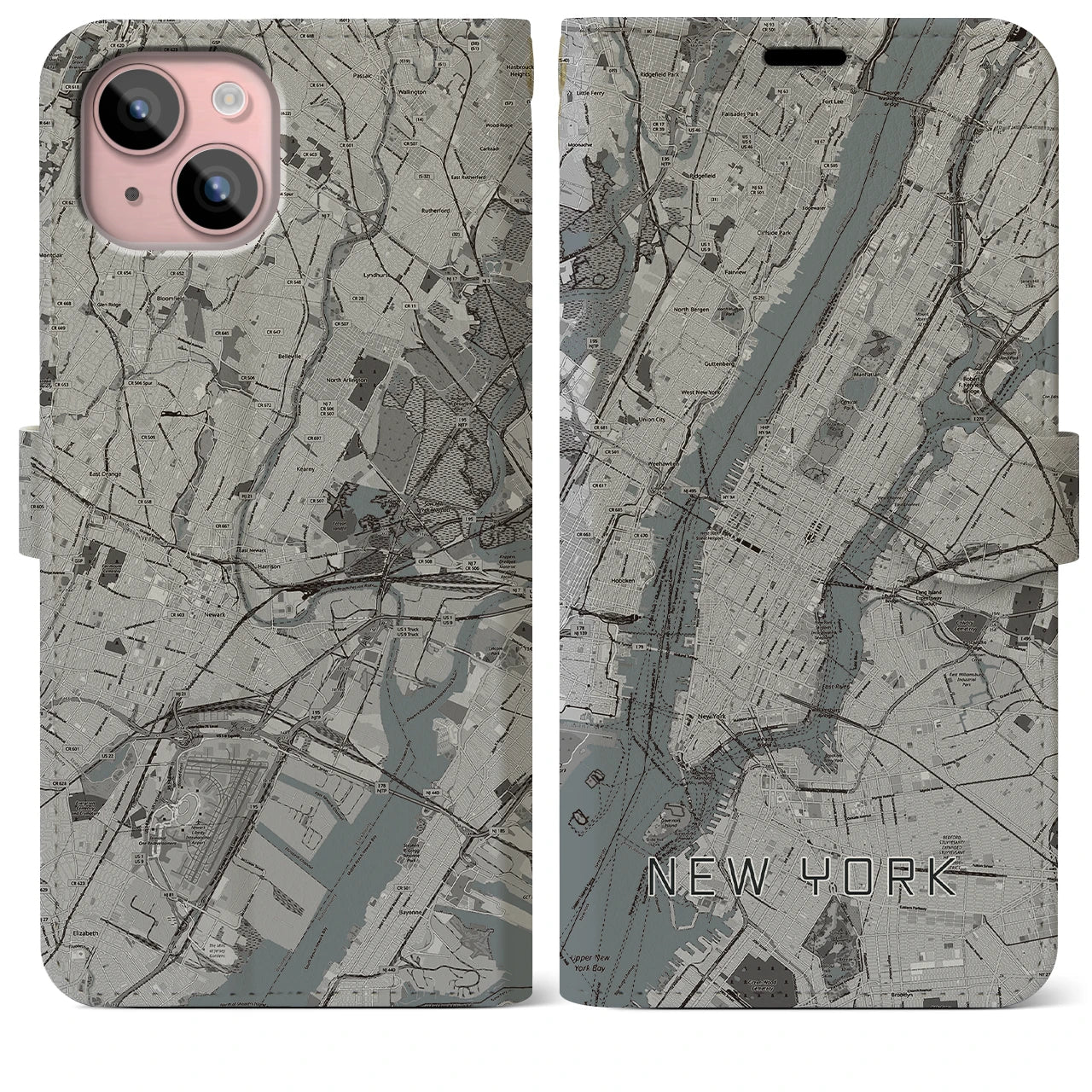 【ニューヨーク(アメリカ)】地図柄iPhoneケース(手帳タイプ)モノトーン・iPhone 15 Plus 用