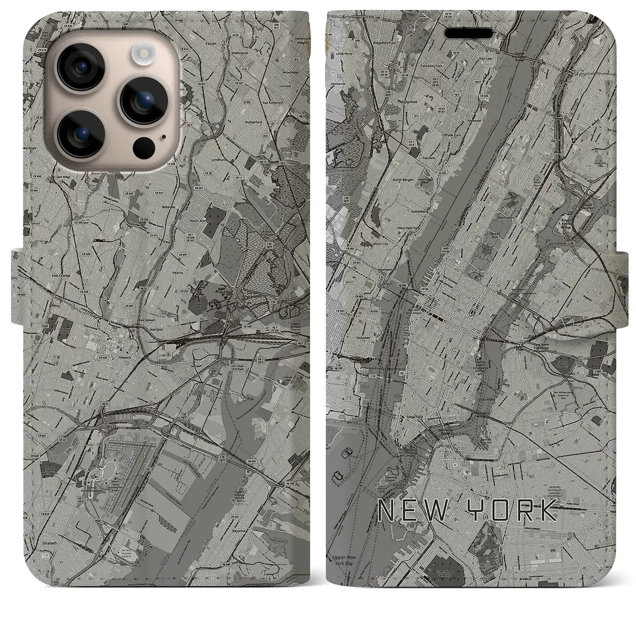【ニューヨーク(アメリカ)】地図柄iPhoneケース(手帳タイプ)モノトーン・iPhone 16 Plus 用