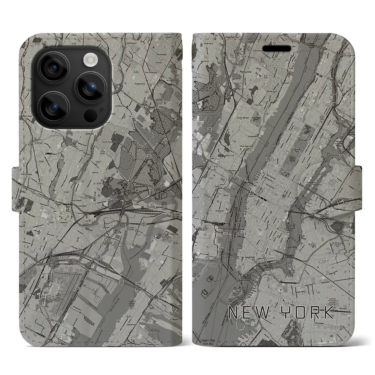 【ニューヨーク(アメリカ)】地図柄iPhoneケース(手帳タイプ)モノトーン・iPhone 16 用
