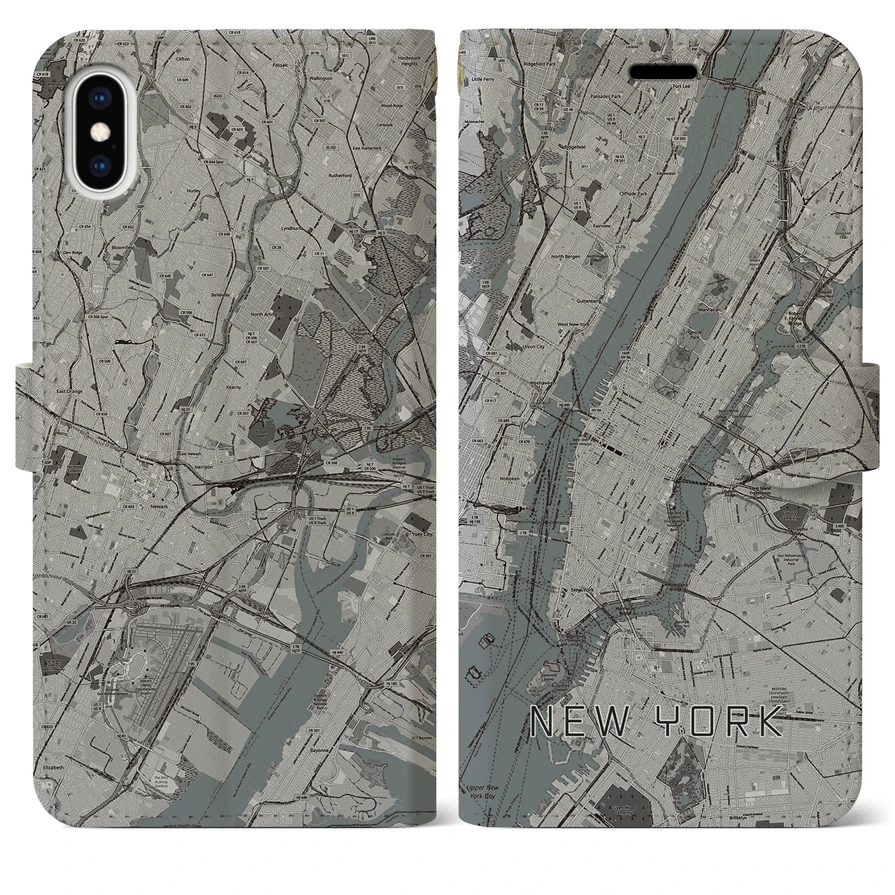 【ニューヨーク(アメリカ)】地図柄iPhoneケース(手帳タイプ)モノトーン・iPhone XS Max 用