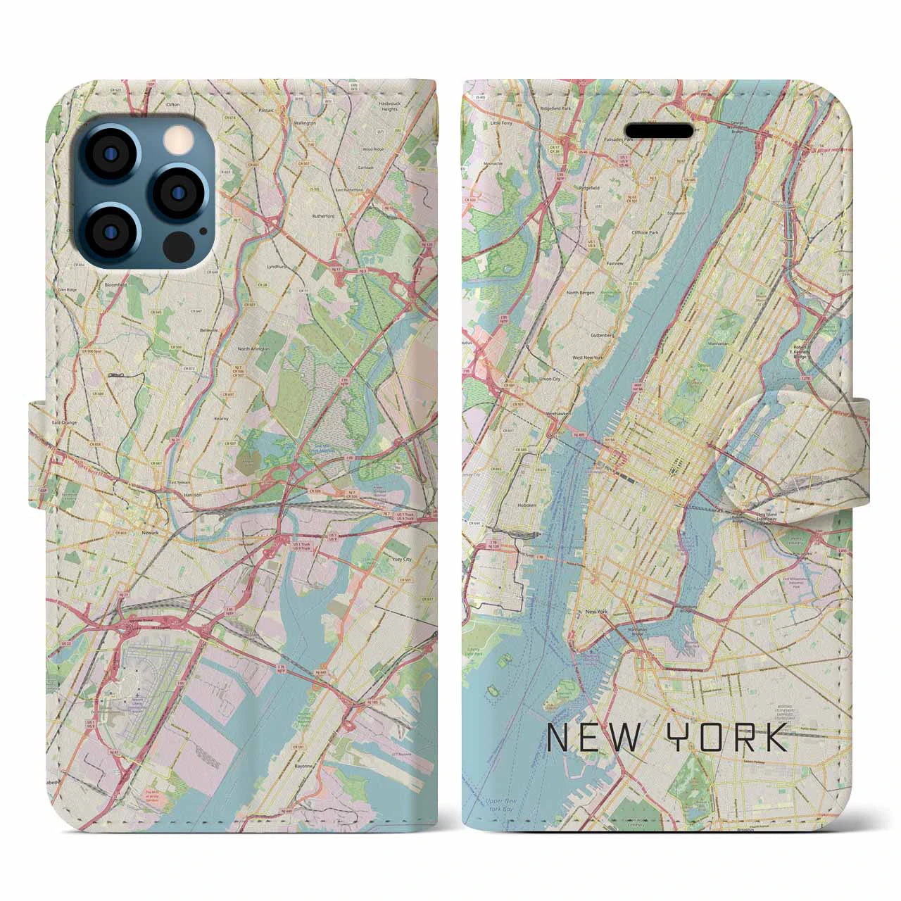 【ニューヨーク(アメリカ)】地図柄iPhoneケース(手帳タイプ)ナチュラル・iPhone 12 / 12 Pro 用