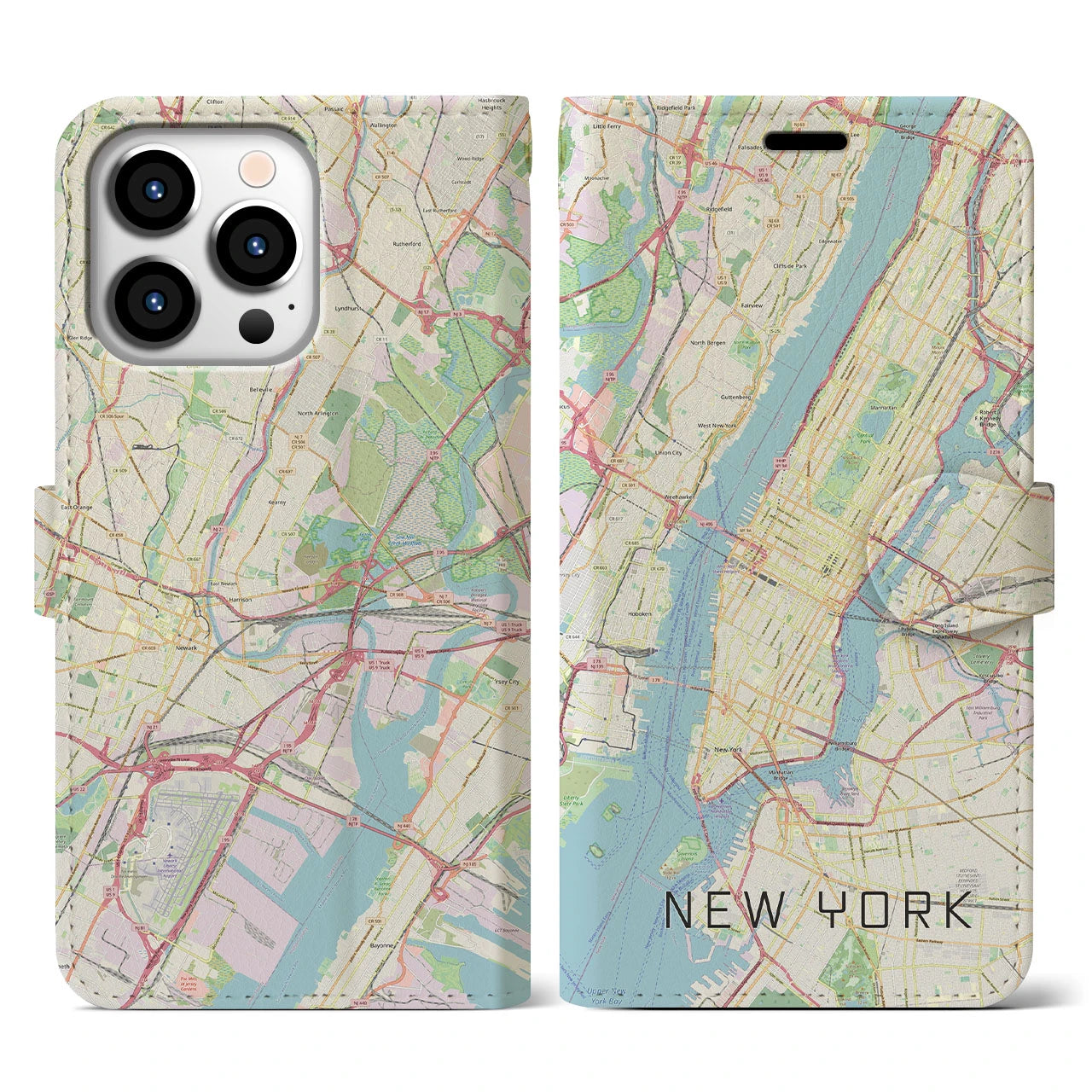【ニューヨーク(アメリカ)】地図柄iPhoneケース(手帳タイプ)ナチュラル・iPhone 13 Pro 用