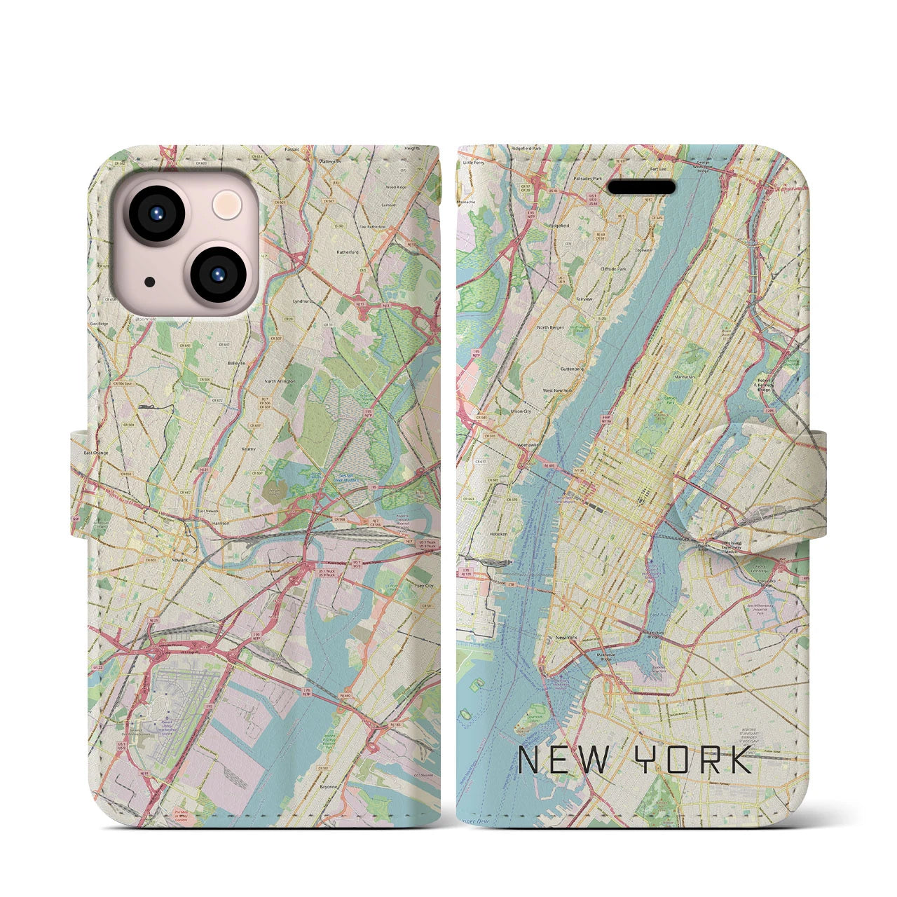 【ニューヨーク(アメリカ)】地図柄iPhoneケース(手帳タイプ)ナチュラル・iPhone 13 mini 用