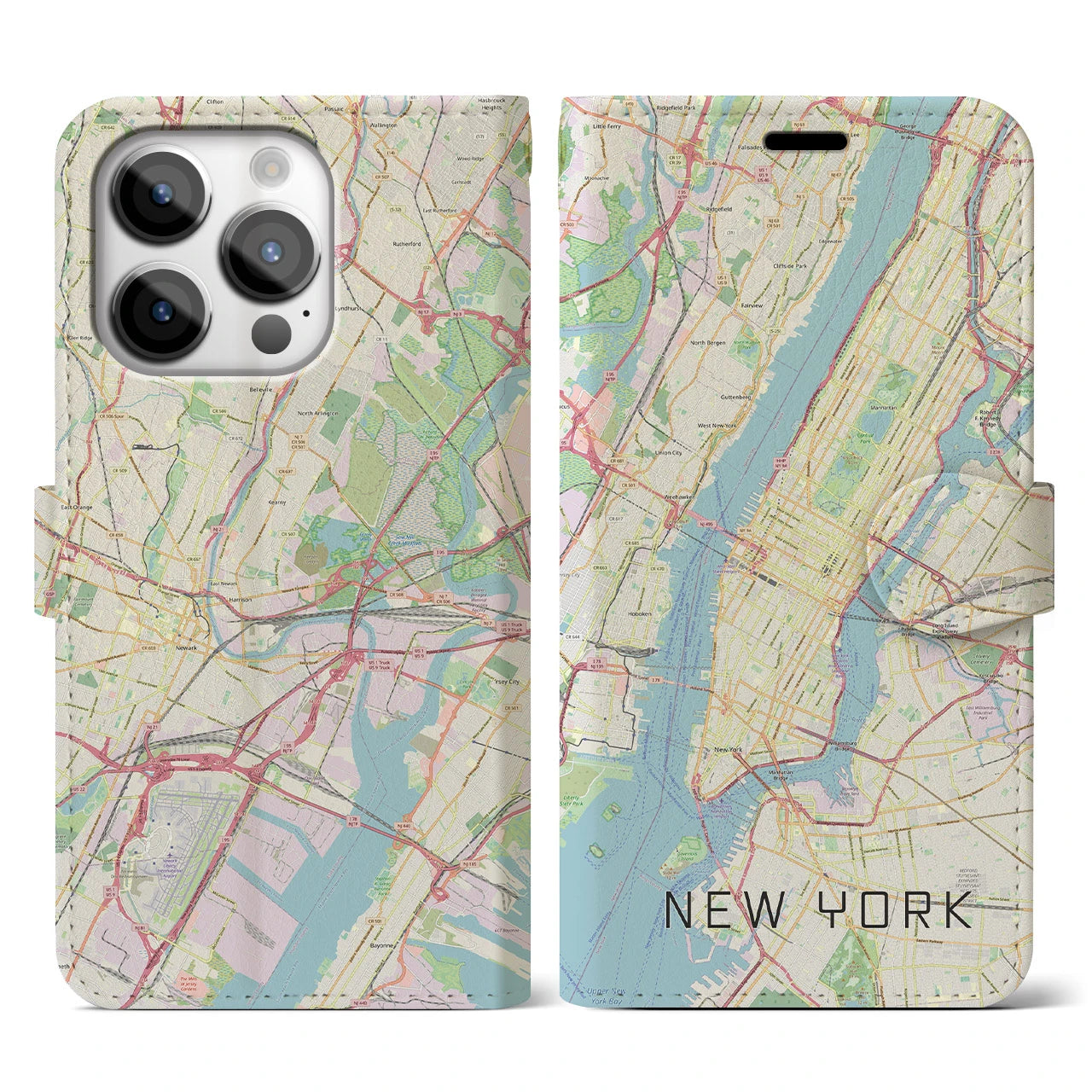 【ニューヨーク(アメリカ)】地図柄iPhoneケース(手帳タイプ)ナチュラル・iPhone 14 Pro 用