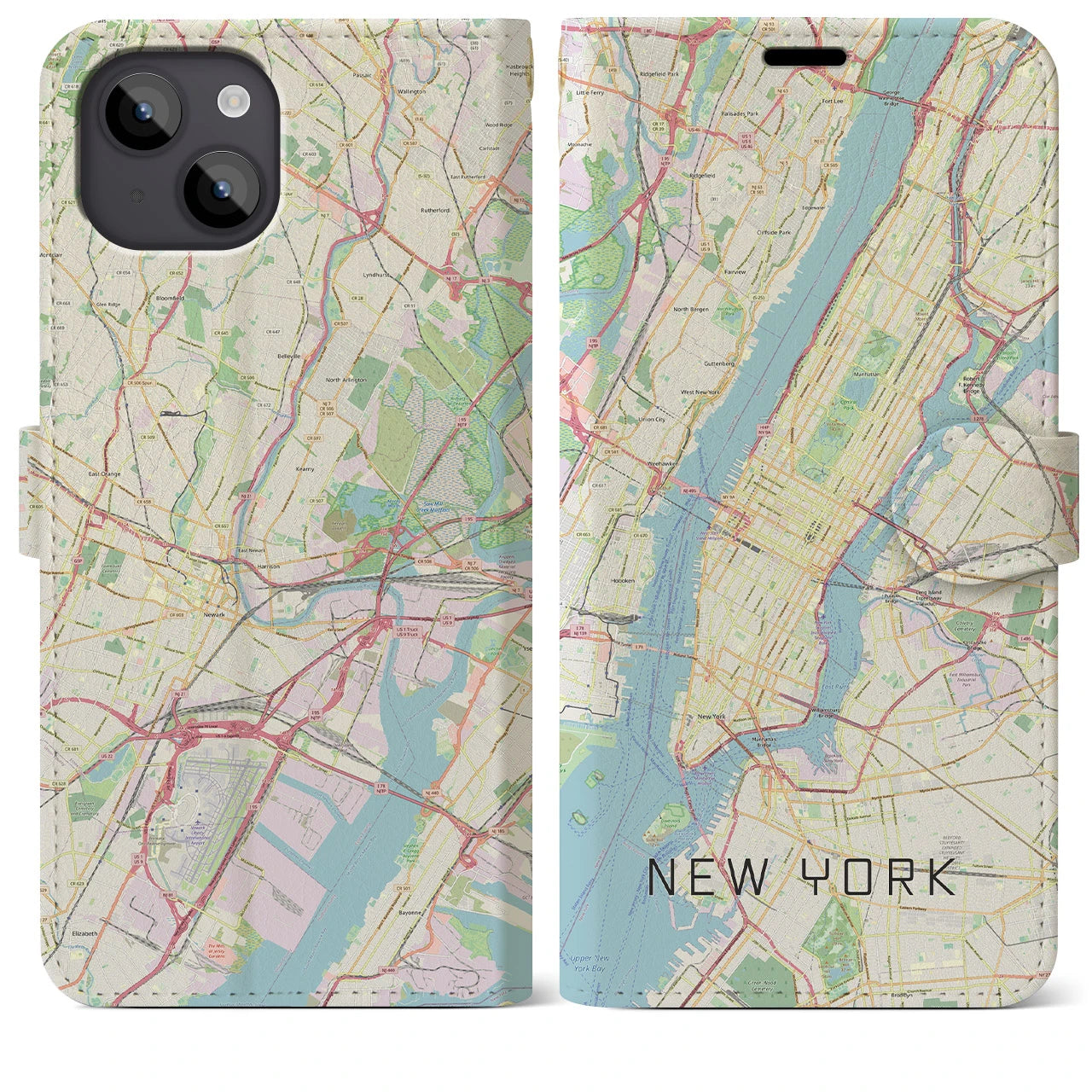 【ニューヨーク(アメリカ)】地図柄iPhoneケース(手帳タイプ)ナチュラル・iPhone 14 Plus 用
