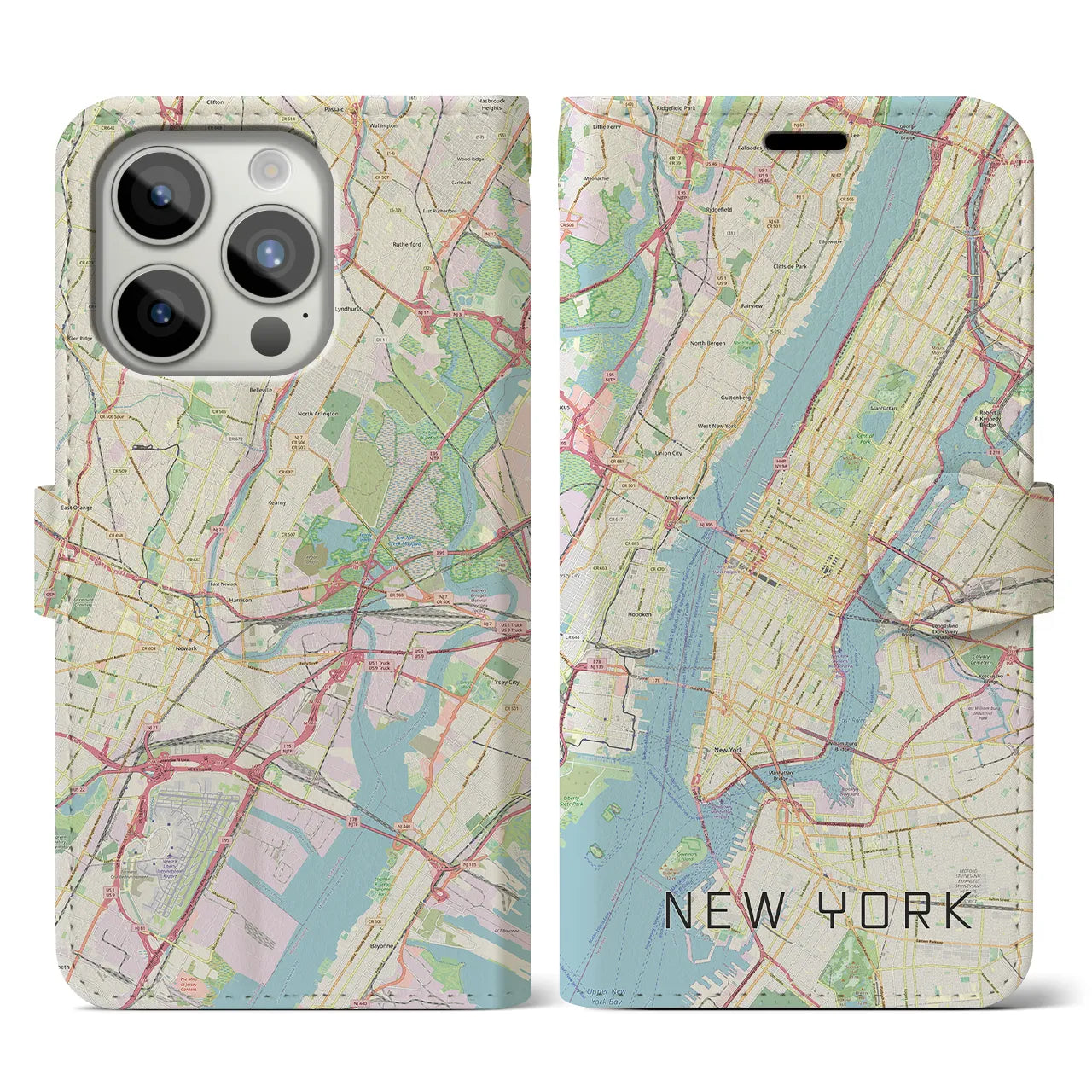 【ニューヨーク(アメリカ)】地図柄iPhoneケース(手帳タイプ)ナチュラル・iPhone 15 Pro 用