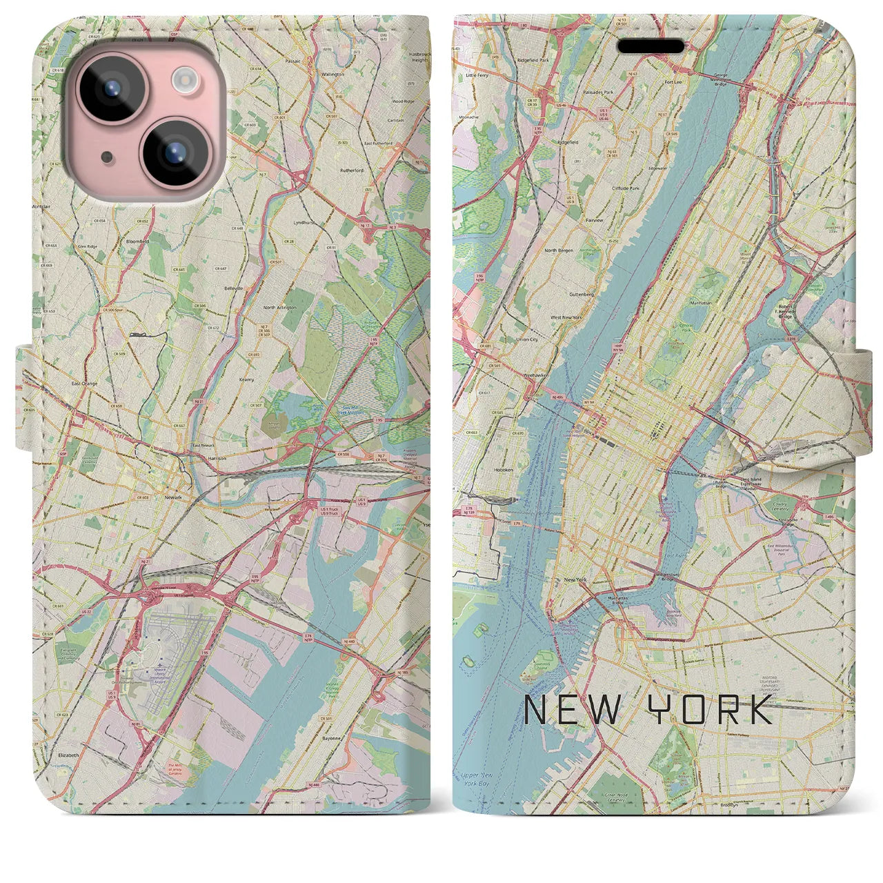 【ニューヨーク(アメリカ)】地図柄iPhoneケース(手帳タイプ)ナチュラル・iPhone 15 Plus 用