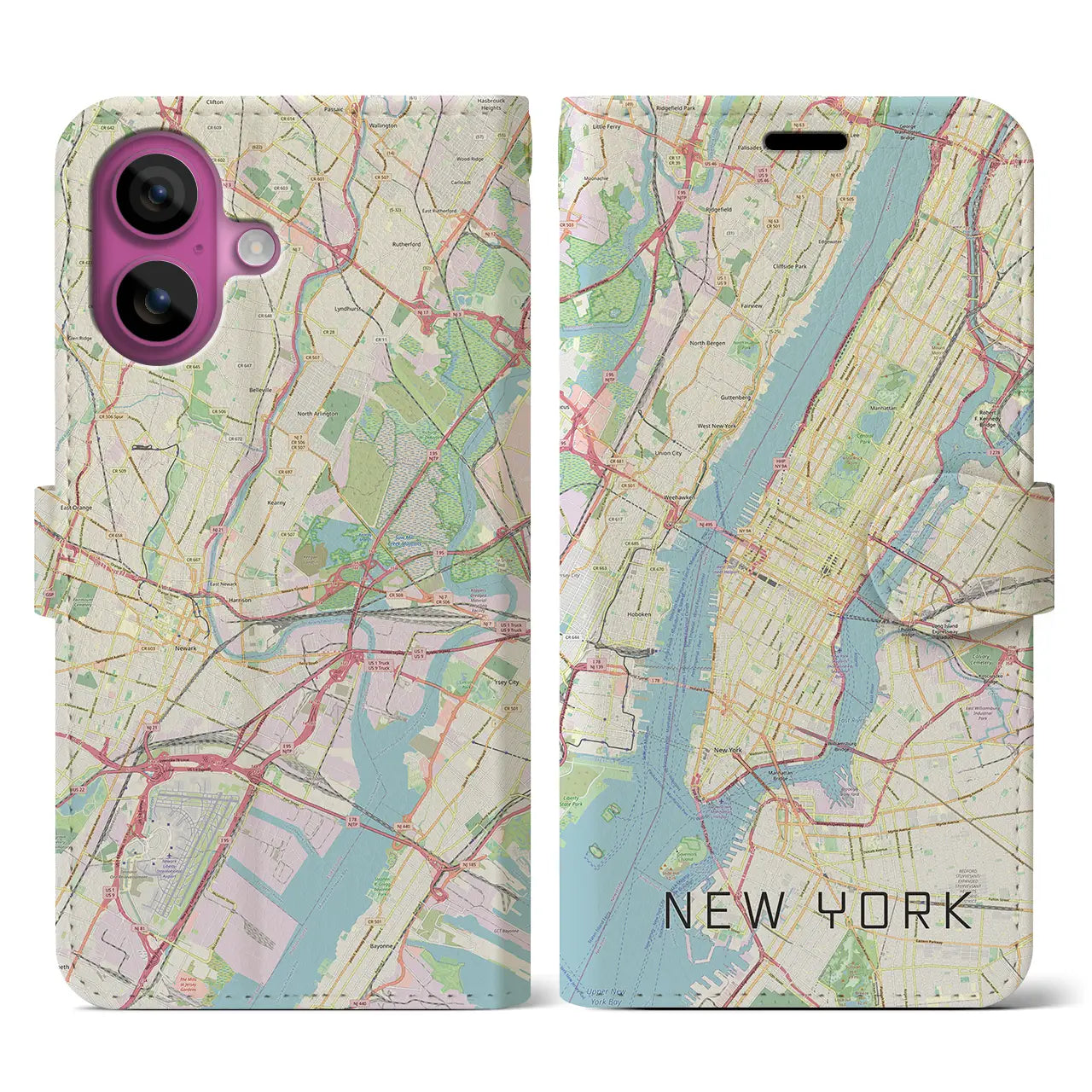 【ニューヨーク(アメリカ)】地図柄iPhoneケース(手帳タイプ)ナチュラル・iPhone 16 Pro 用