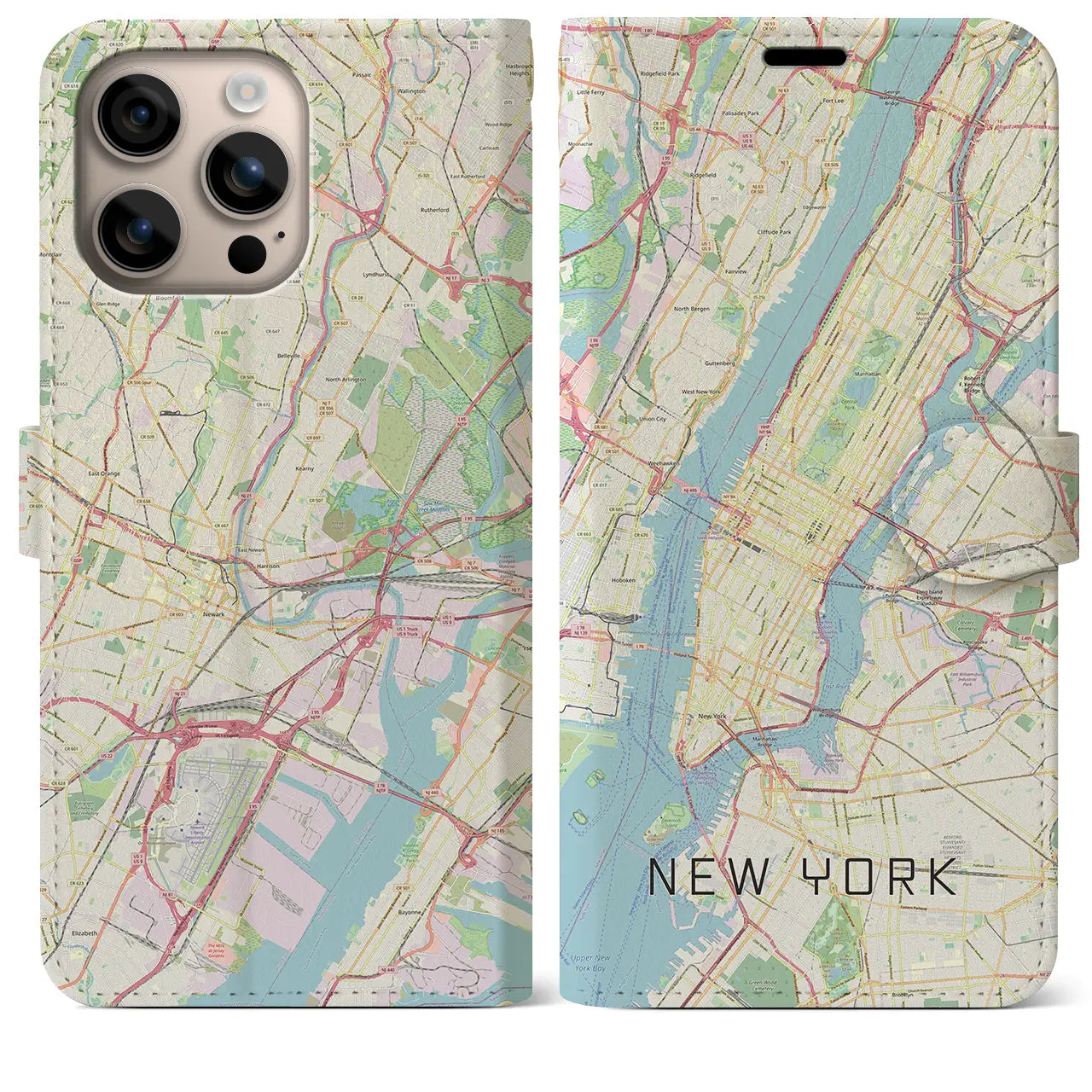 【ニューヨーク(アメリカ)】地図柄iPhoneケース(手帳タイプ)ナチュラル・iPhone 16 Plus 用