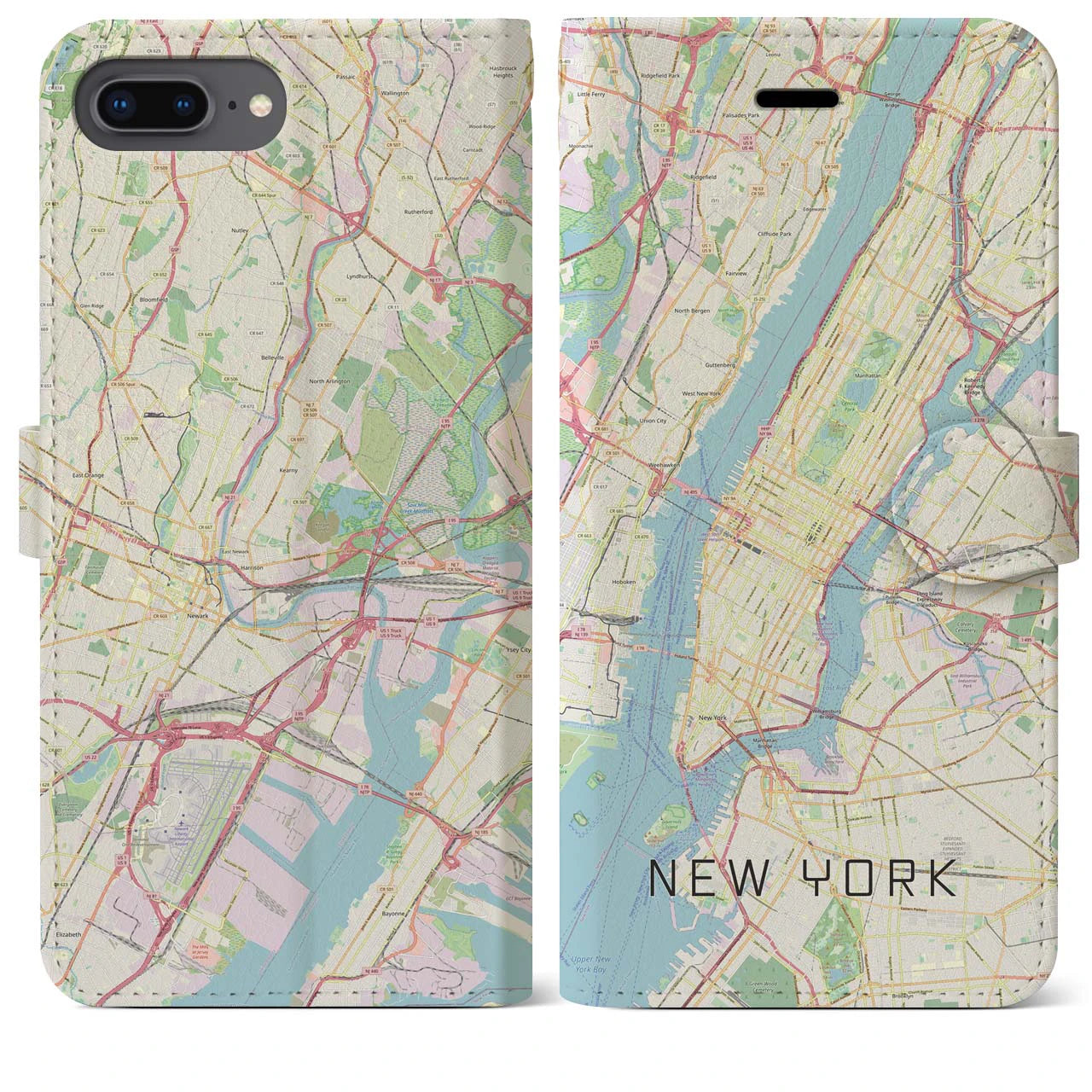 【ニューヨーク(アメリカ)】地図柄iPhoneケース(手帳タイプ)ナチュラル・iPhone 8Plus /7Plus / 6sPlus / 6Plus 用