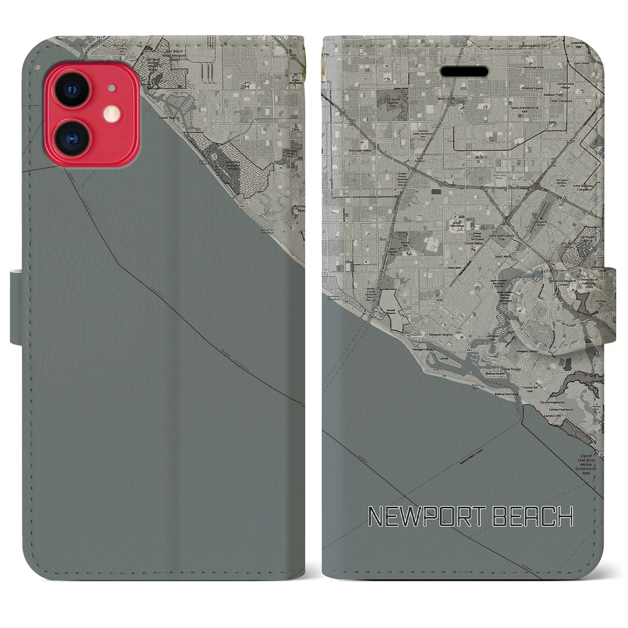 【ニューポートビーチ(アメリカ)】地図柄iPhoneケース(手帳タイプ)モノトーン・iPhone 11 用