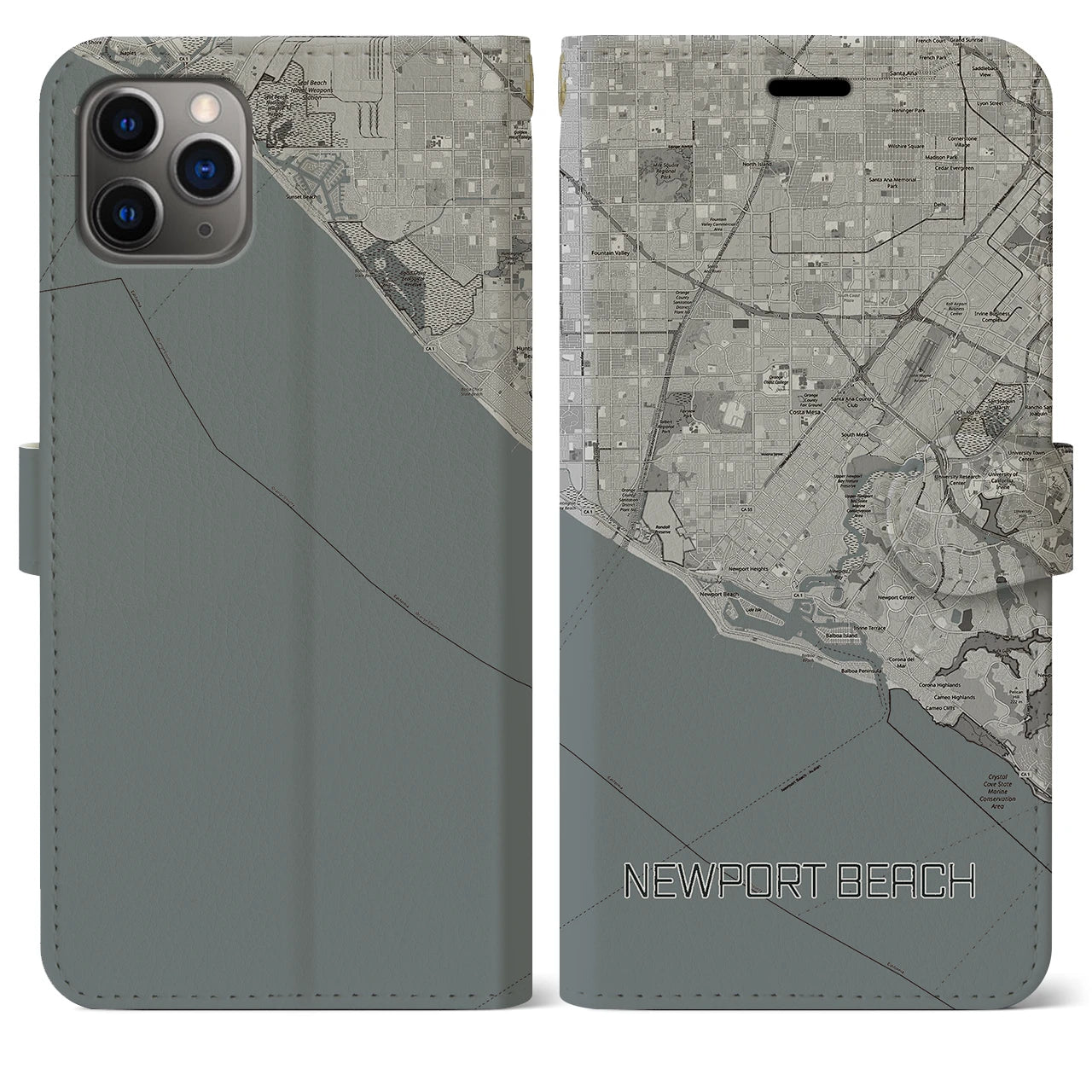 【ニューポートビーチ(アメリカ)】地図柄iPhoneケース(手帳タイプ)モノトーン・iPhone 11 Pro Max 用