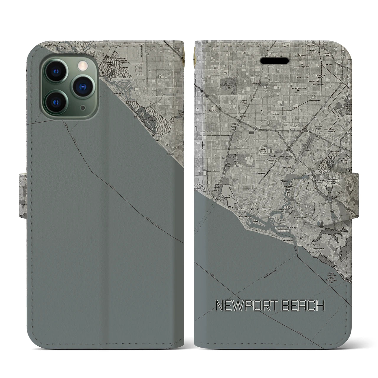 【ニューポートビーチ(アメリカ)】地図柄iPhoneケース(手帳タイプ)モノトーン・iPhone 11 Pro 用