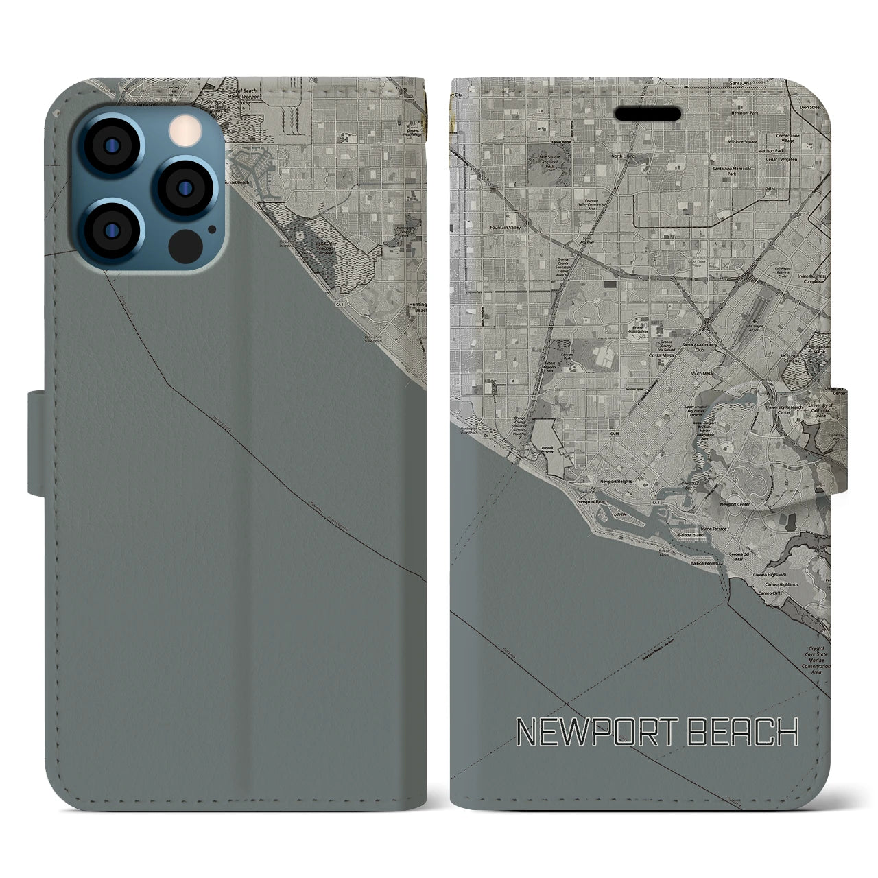 【ニューポートビーチ(アメリカ)】地図柄iPhoneケース(手帳タイプ)モノトーン・iPhone 12 / 12 Pro 用