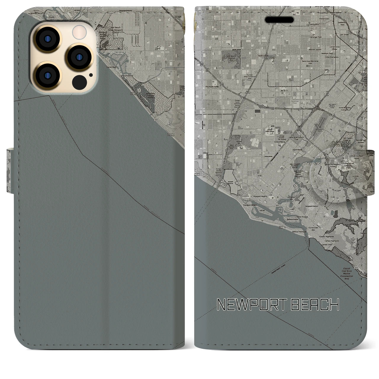 【ニューポートビーチ(アメリカ)】地図柄iPhoneケース(手帳タイプ)モノトーン・iPhone 12 Pro Max 用