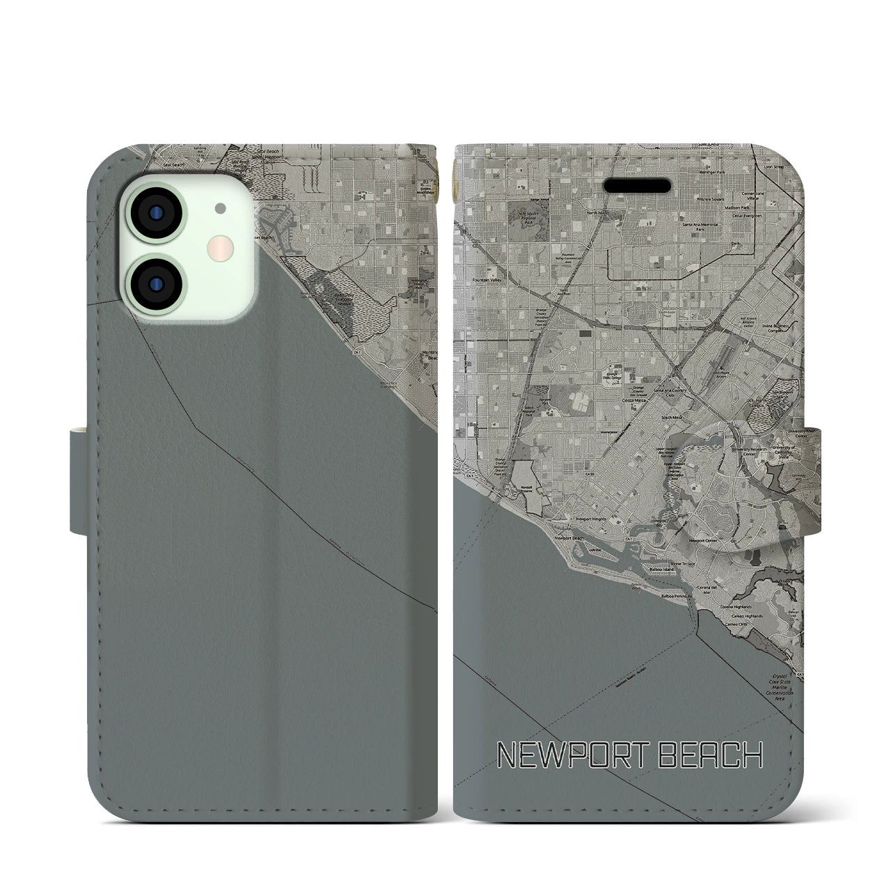 【ニューポートビーチ(アメリカ)】地図柄iPhoneケース(手帳タイプ)モノトーン・iPhone 12 mini 用