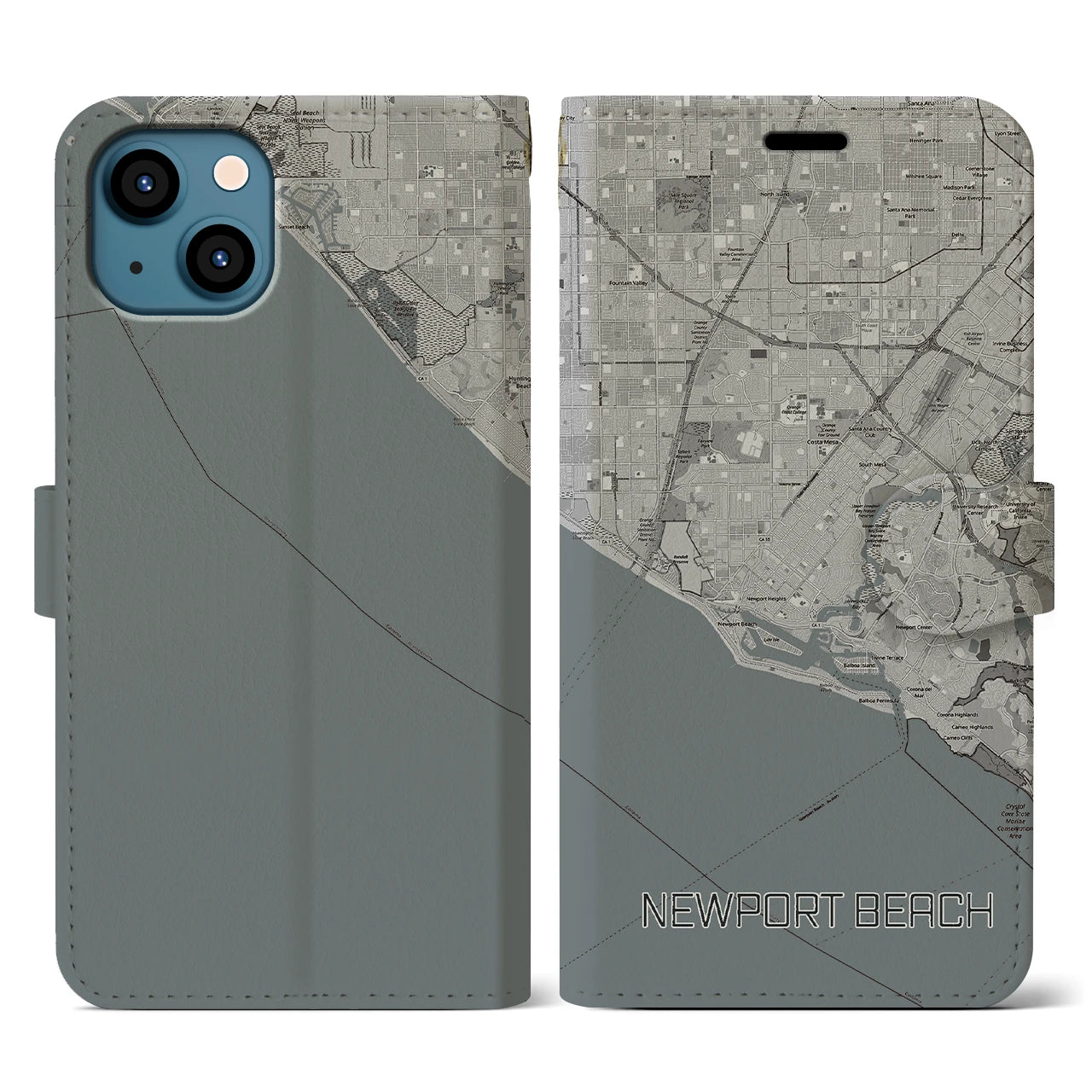 【ニューポートビーチ(アメリカ)】地図柄iPhoneケース(手帳タイプ)モノトーン・iPhone 13 用