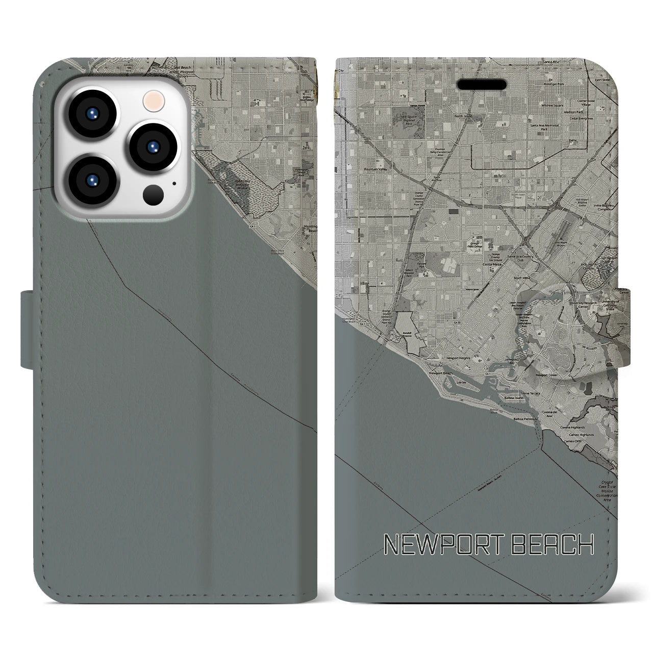 【ニューポートビーチ(アメリカ)】地図柄iPhoneケース(手帳タイプ)モノトーン・iPhone 13 Pro 用