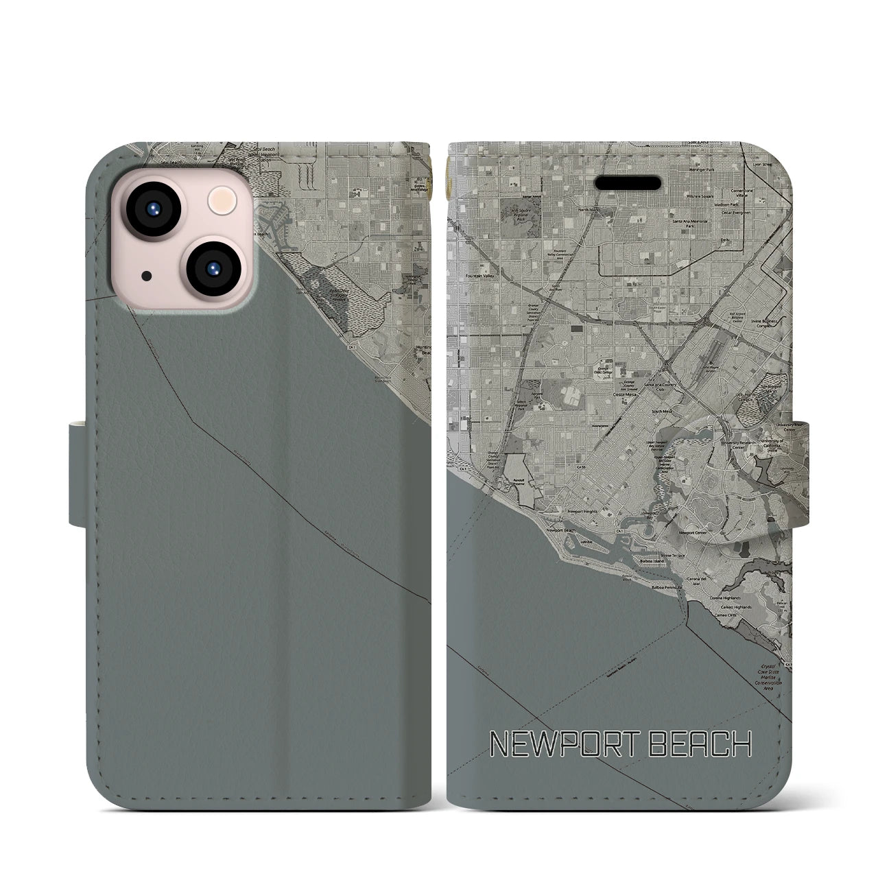 【ニューポートビーチ(アメリカ)】地図柄iPhoneケース(手帳タイプ)モノトーン・iPhone 13 mini 用