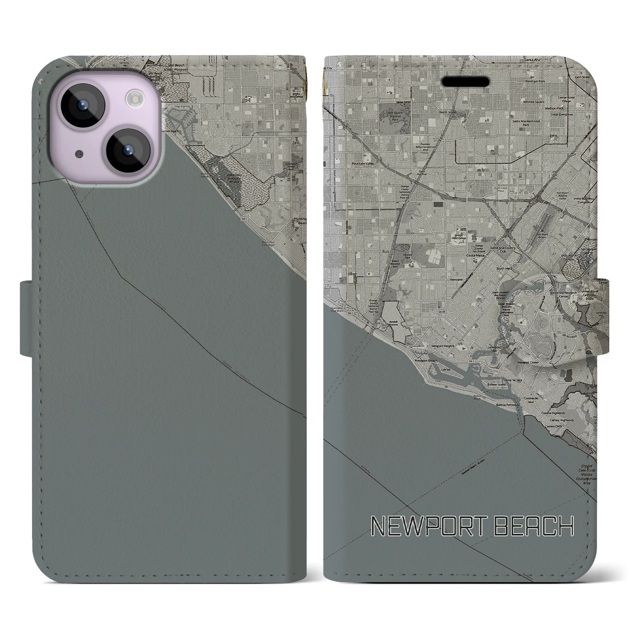 【ニューポートビーチ(アメリカ)】地図柄iPhoneケース(手帳タイプ)モノトーン・iPhone 14 用