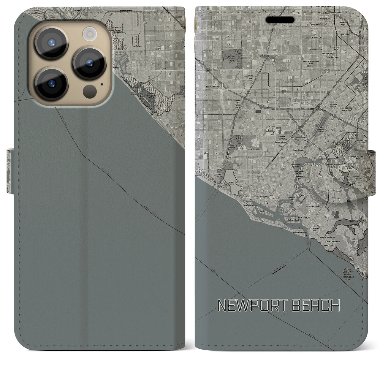 【ニューポートビーチ(アメリカ)】地図柄iPhoneケース(手帳タイプ)モノトーン・iPhone 14 Pro Max 用
