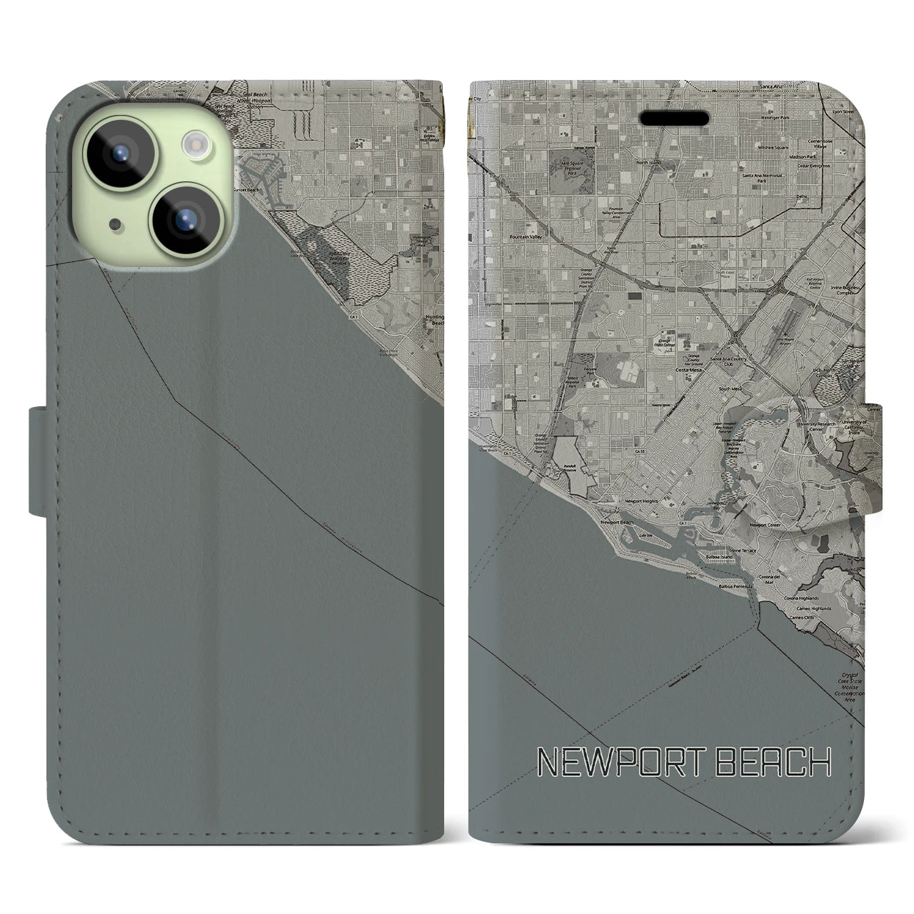 【ニューポートビーチ(アメリカ)】地図柄iPhoneケース(手帳タイプ)モノトーン・iPhone 15 用