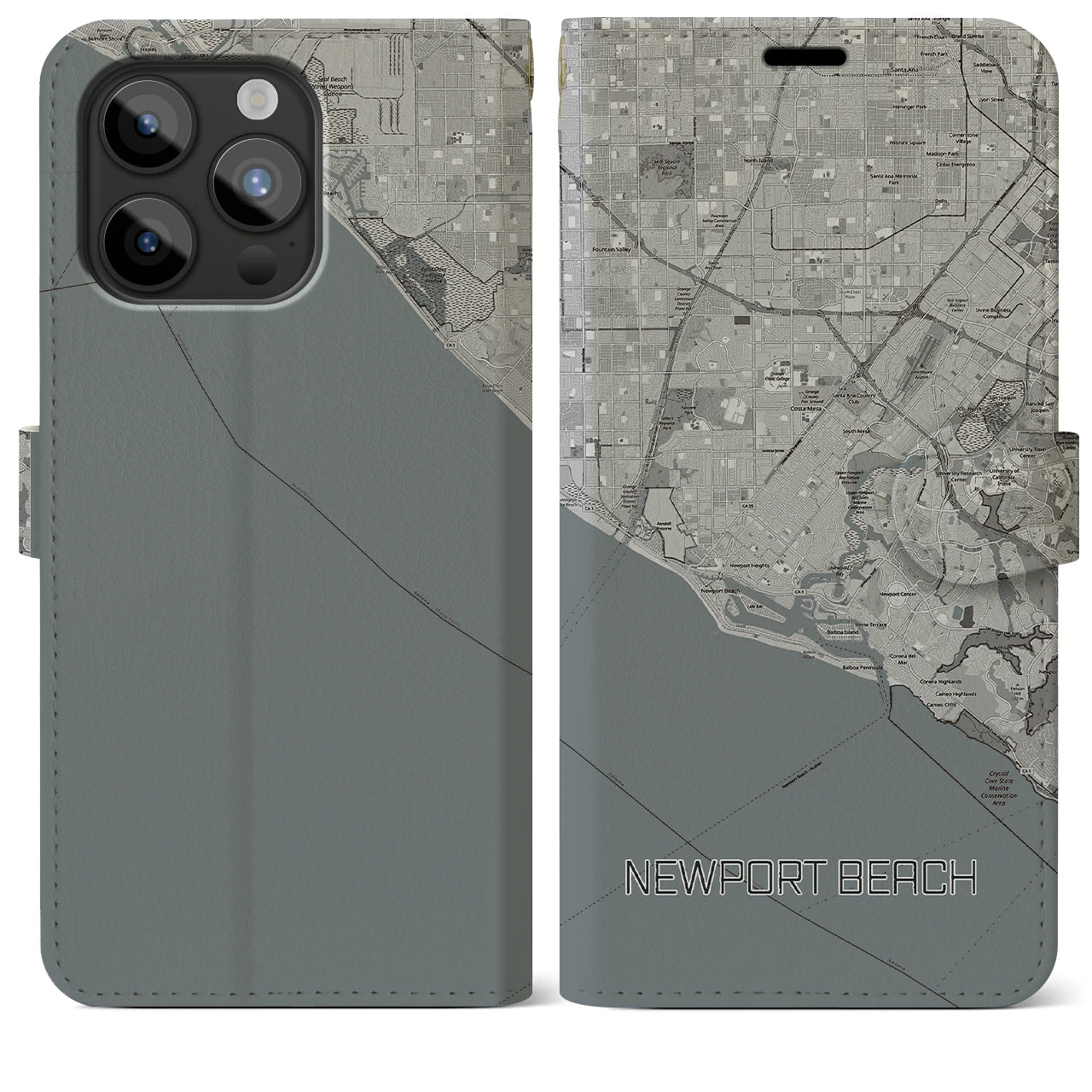 【ニューポートビーチ(アメリカ)】地図柄iPhoneケース(手帳タイプ)モノトーン・iPhone 15 Pro Max 用
