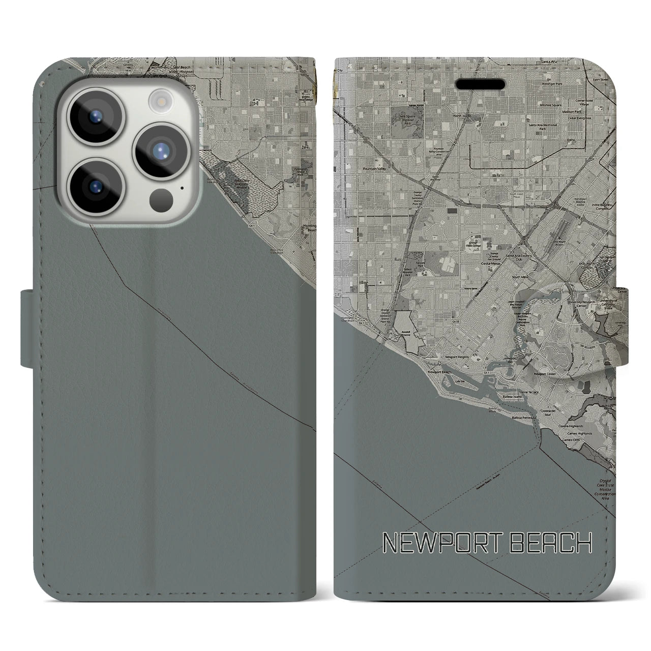 【ニューポートビーチ(アメリカ)】地図柄iPhoneケース(手帳タイプ)モノトーン・iPhone 15 Pro 用