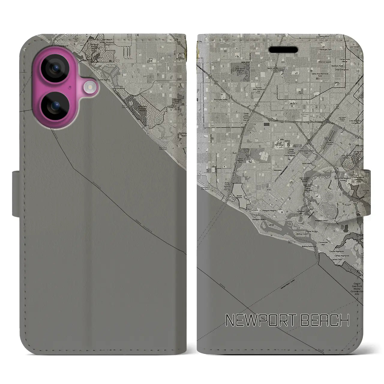【ニューポートビーチ(アメリカ)】地図柄iPhoneケース(手帳タイプ)モノトーン・iPhone 16 Pro 用