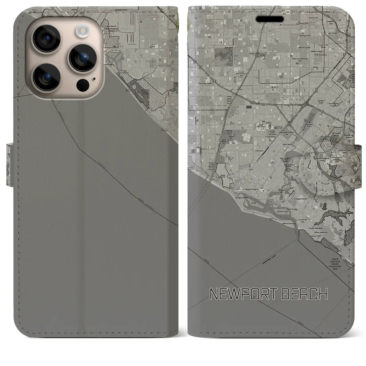 【ニューポートビーチ(アメリカ)】地図柄iPhoneケース(手帳タイプ)モノトーン・iPhone 16 Plus 用