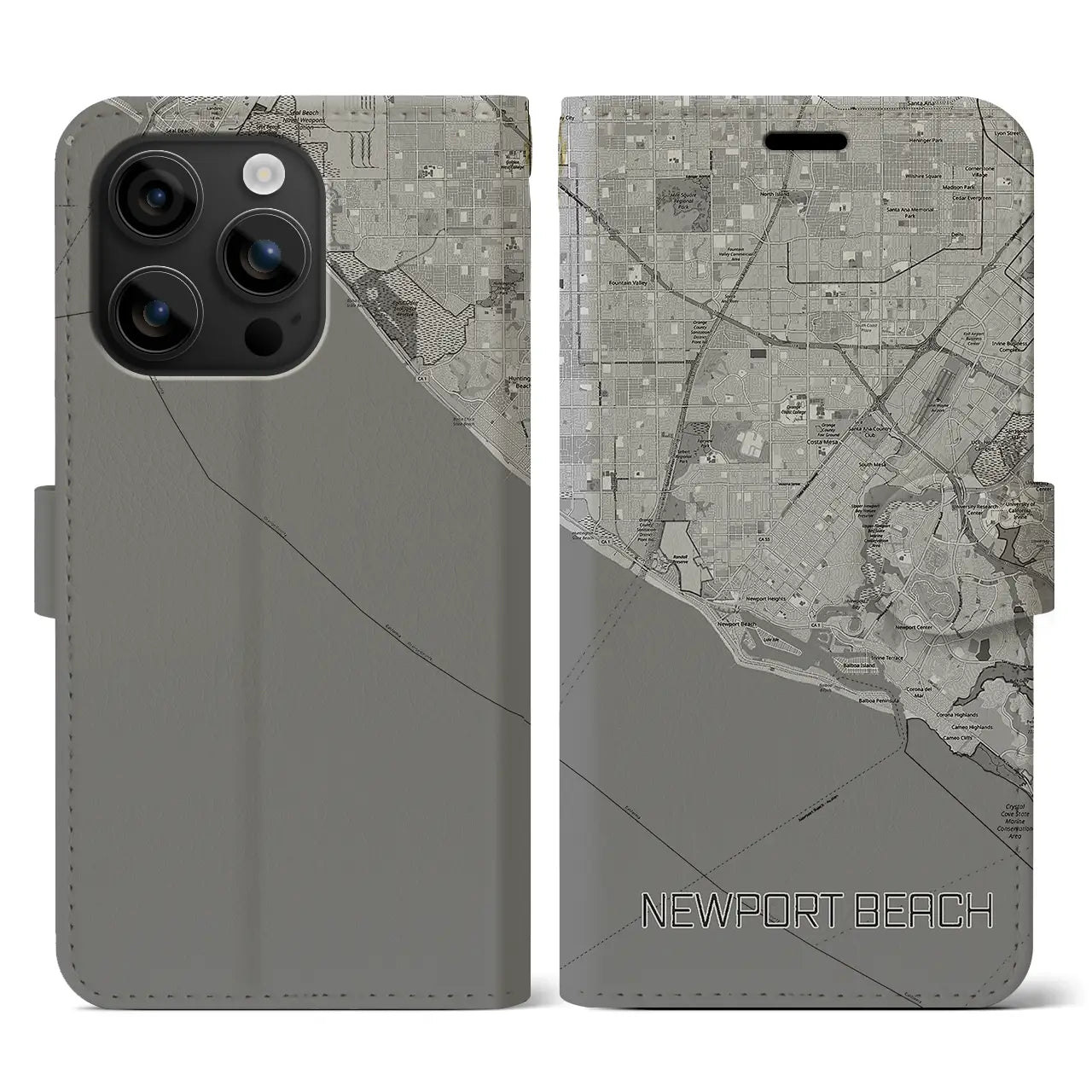 【ニューポートビーチ(アメリカ)】地図柄iPhoneケース(手帳タイプ)モノトーン・iPhone 16 用