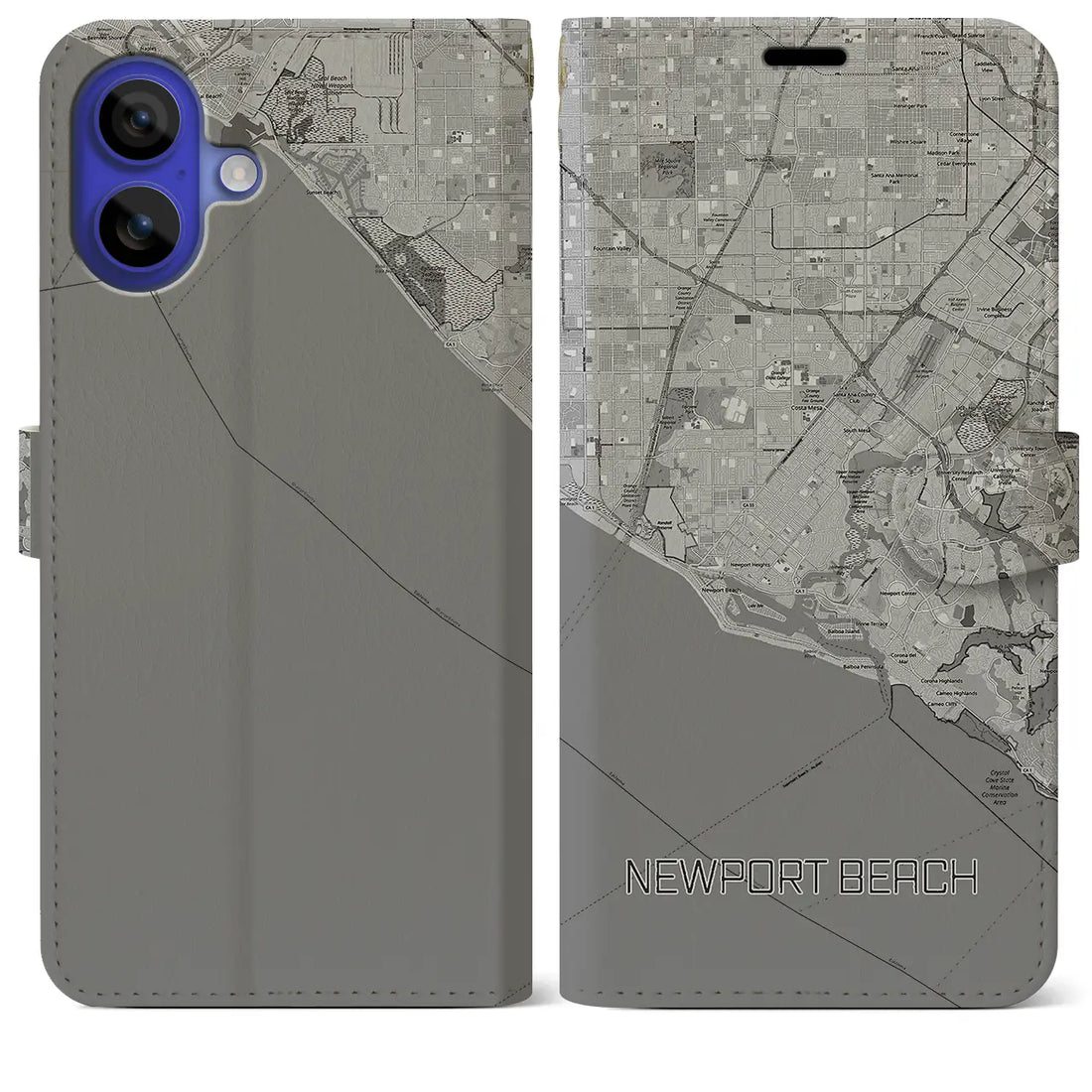 【ニューポートビーチ(アメリカ)】地図柄iPhoneケース(手帳タイプ)モノトーン・iPhone 16 Pro Max 用