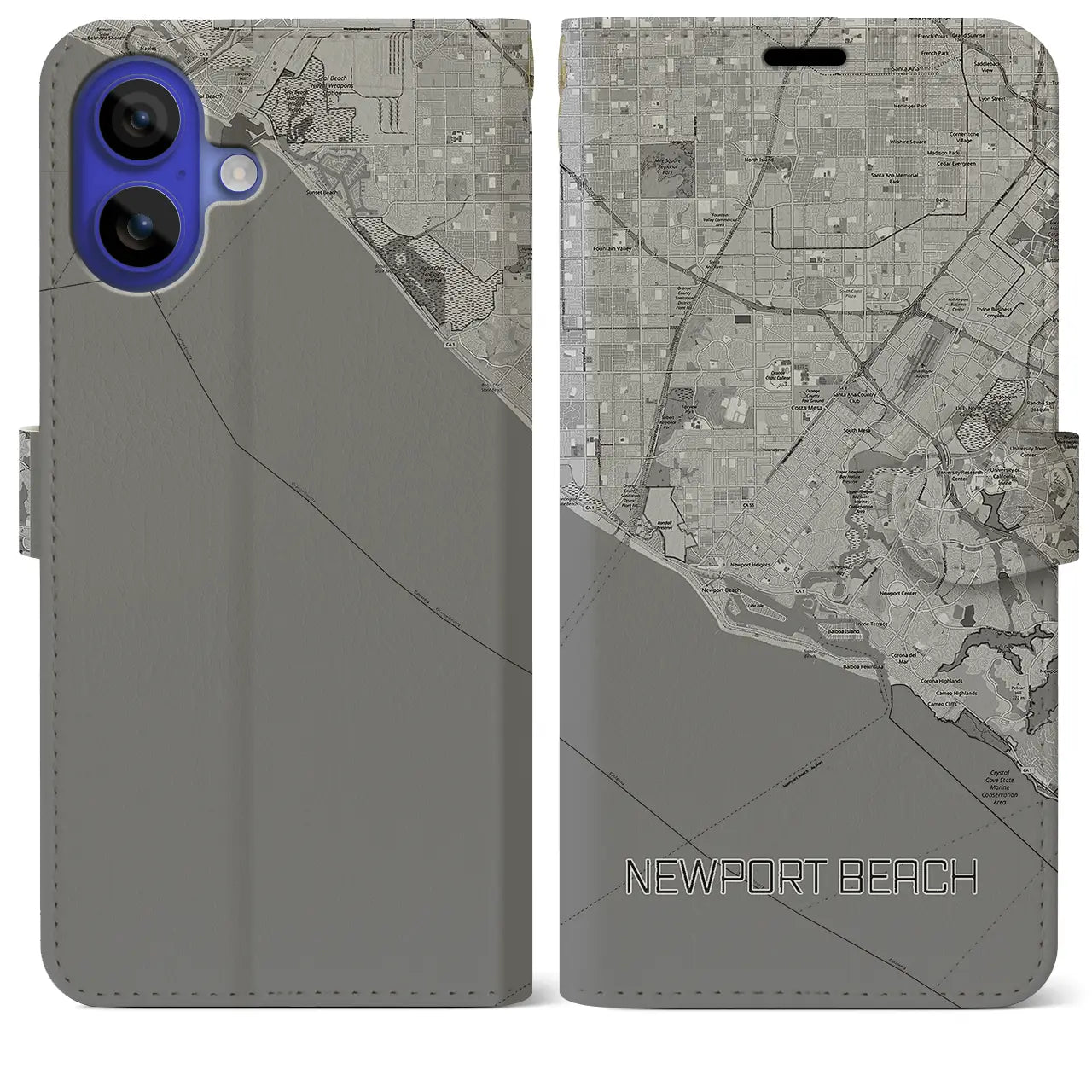 【ニューポートビーチ(アメリカ)】地図柄iPhoneケース(手帳タイプ)モノトーン・iPhone 16 Pro Max 用