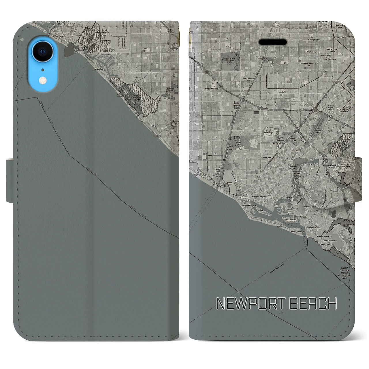 【ニューポートビーチ(アメリカ)】地図柄iPhoneケース(手帳タイプ)モノトーン・iPhone XR 用