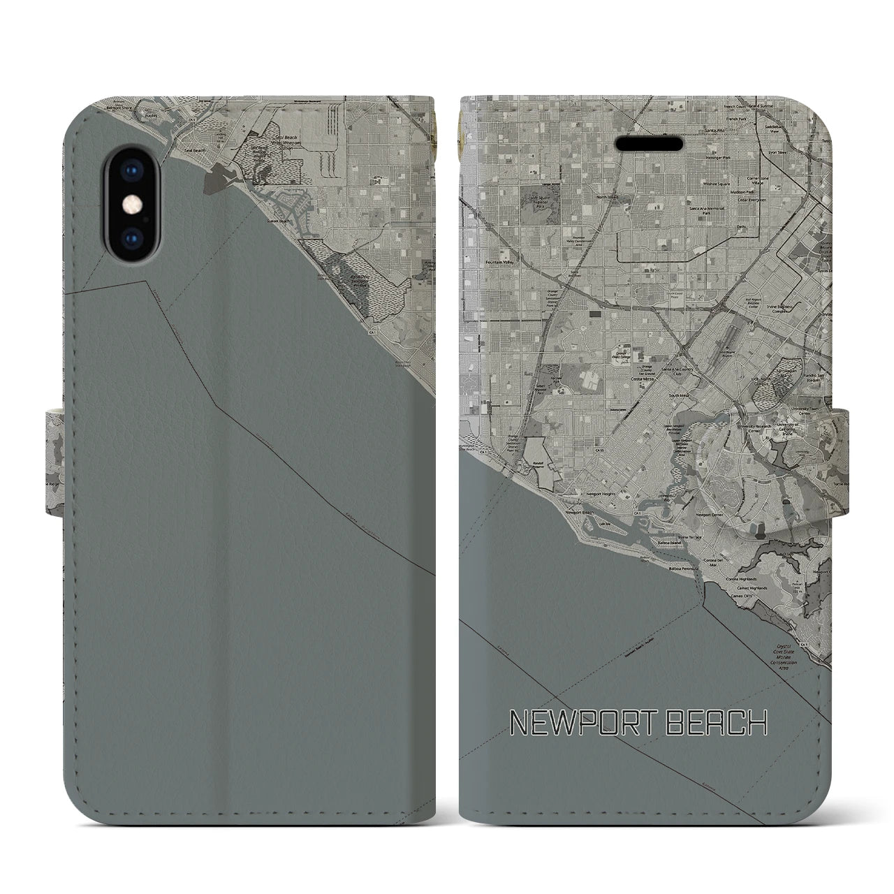 【ニューポートビーチ(アメリカ)】地図柄iPhoneケース(手帳タイプ)モノトーン・iPhone XS / X 用