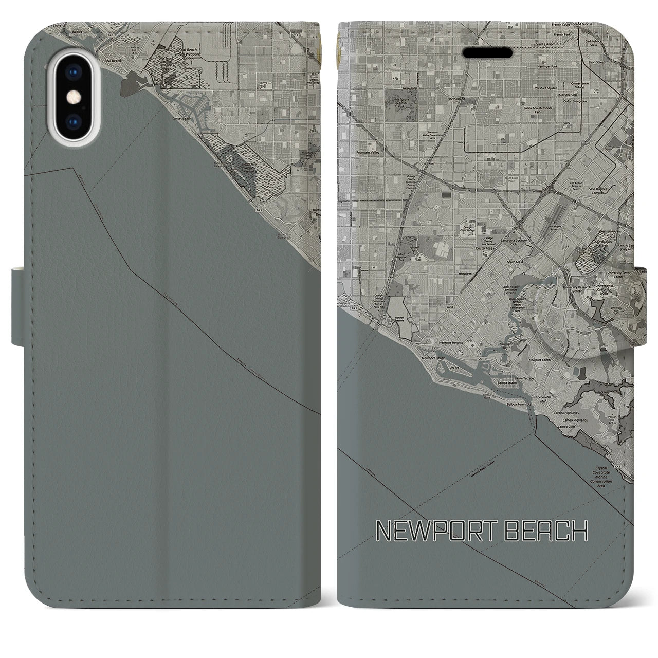 【ニューポートビーチ(アメリカ)】地図柄iPhoneケース(手帳タイプ)モノトーン・iPhone XS Max 用