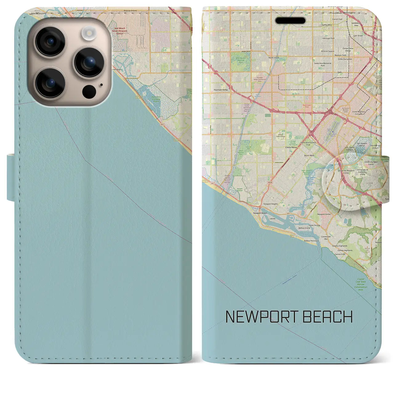 【ニューポートビーチ(アメリカ)】地図柄iPhoneケース(手帳タイプ)ナチュラル・iPhone 16 Plus 用